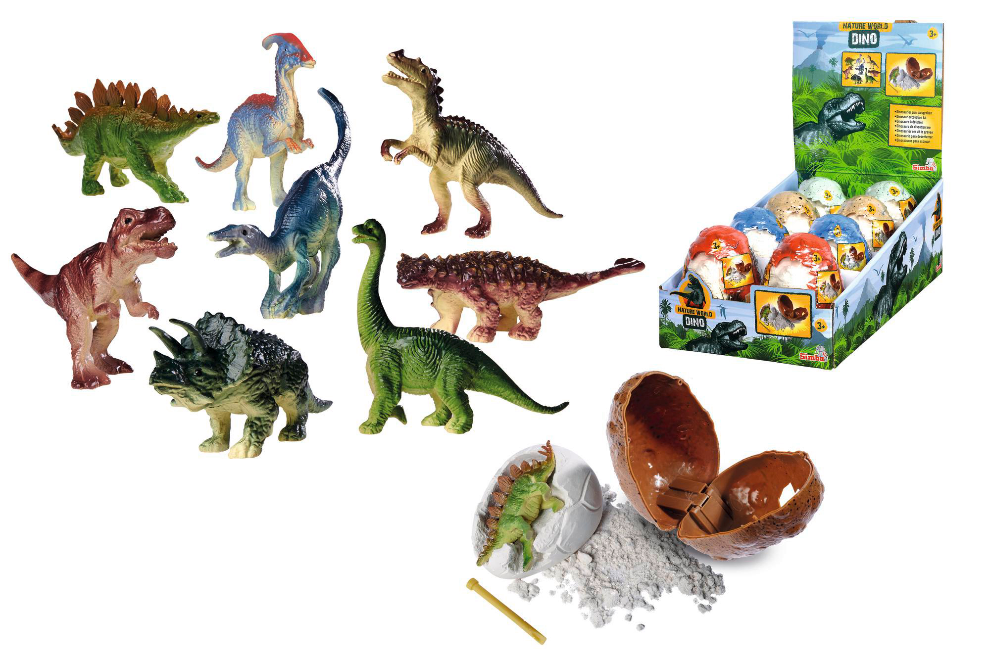 Spielzeug-Dinosaurier und Dinosaurier-Eier. Verschiedene Dinosaurier, Eierschalen und eine Ausstellungsbox auf Weiß.