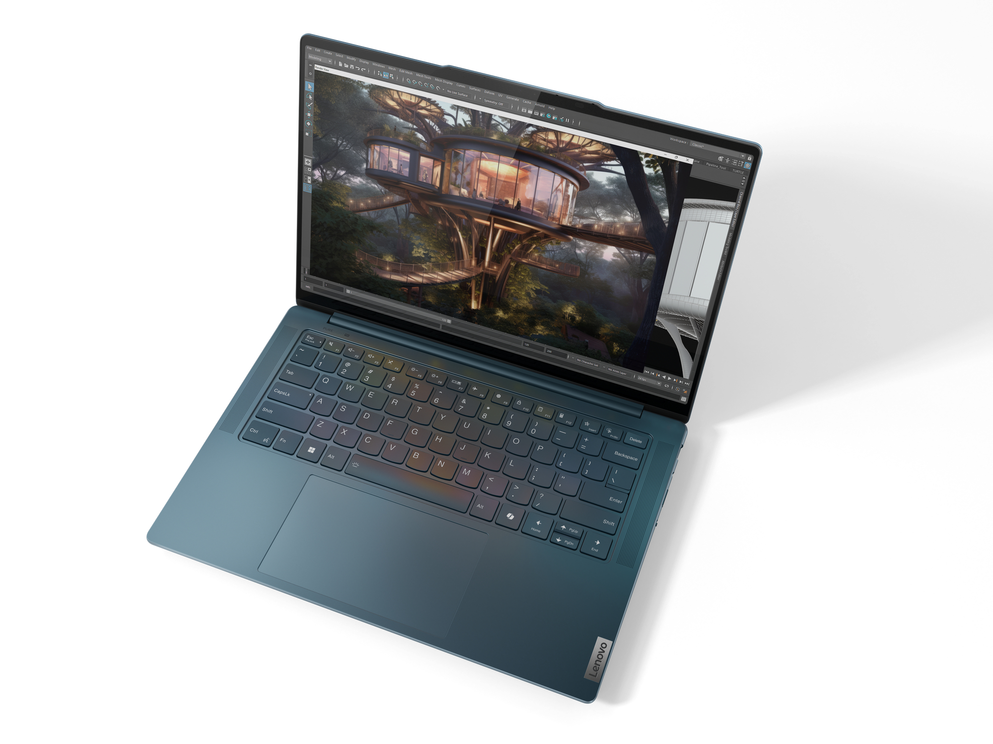Ein blau-grauer Laptop, geöffnet, mit einem Baumhaus-Rendering.