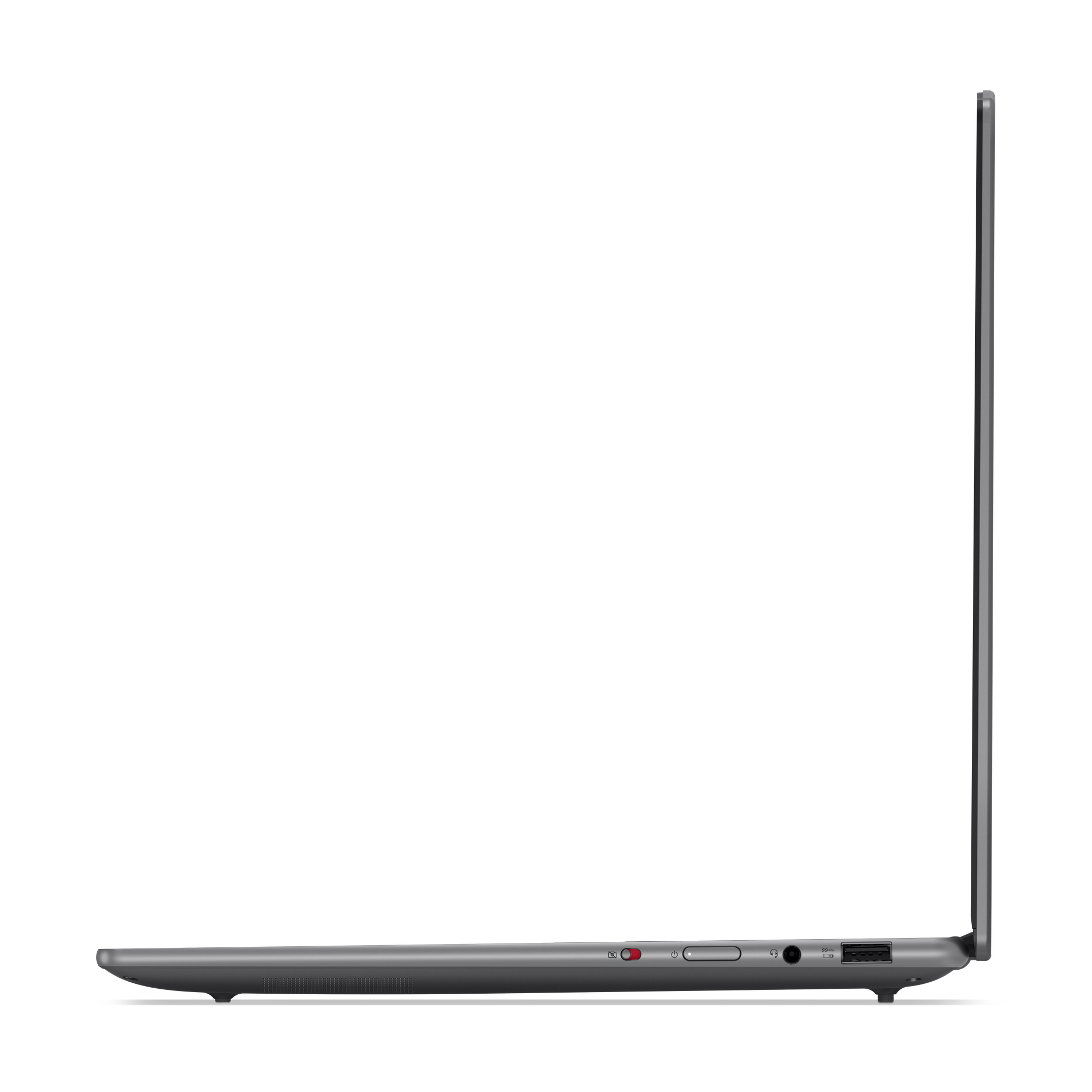 Laptop-Profilansicht. Dunkelgraue Farbe. Zeigt Seitenanschlüsse und einen dünnen Bildschirm.