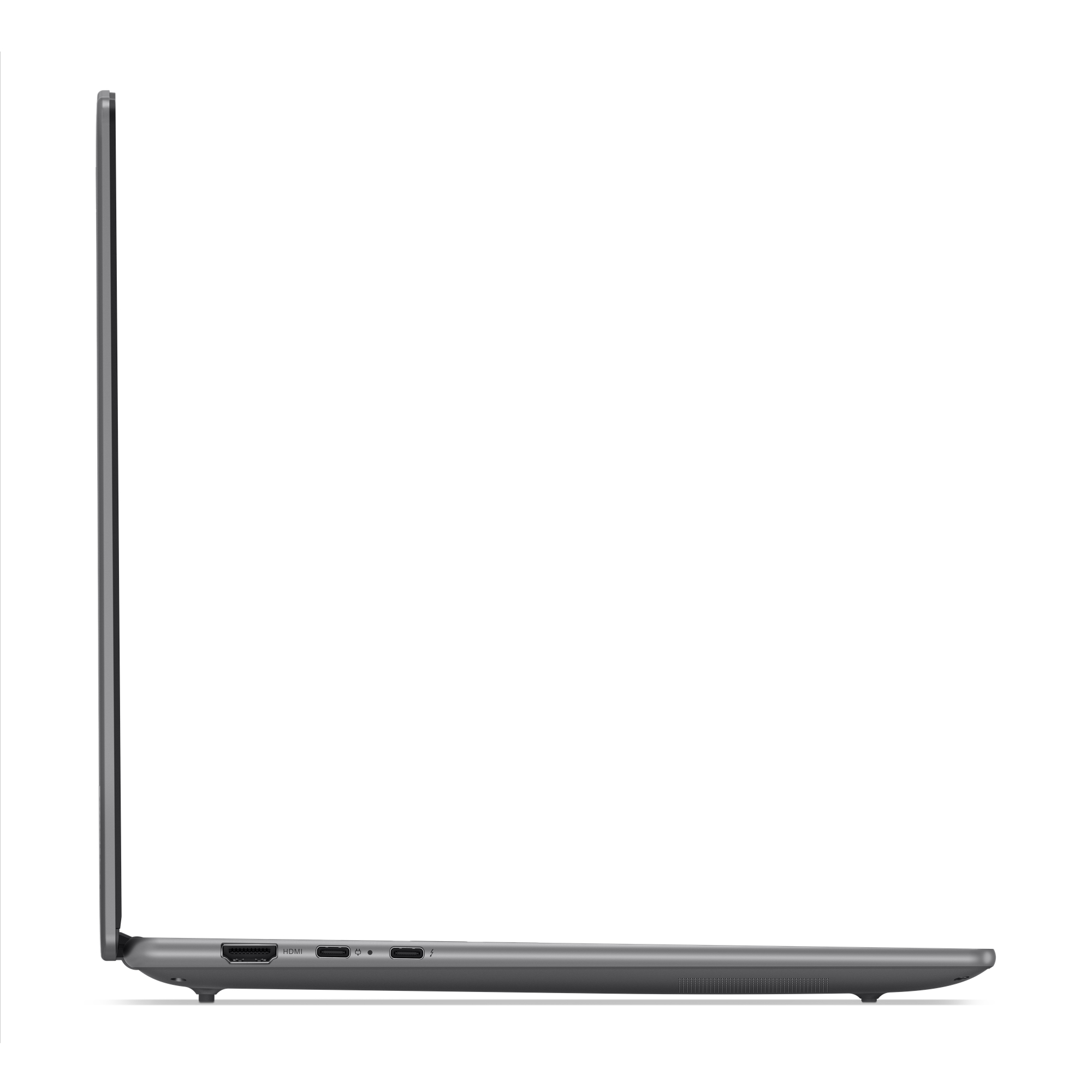 Seitenansicht eines grauen Laptops auf weißem Hintergrund. Der Laptop ist dünn und elegant.
