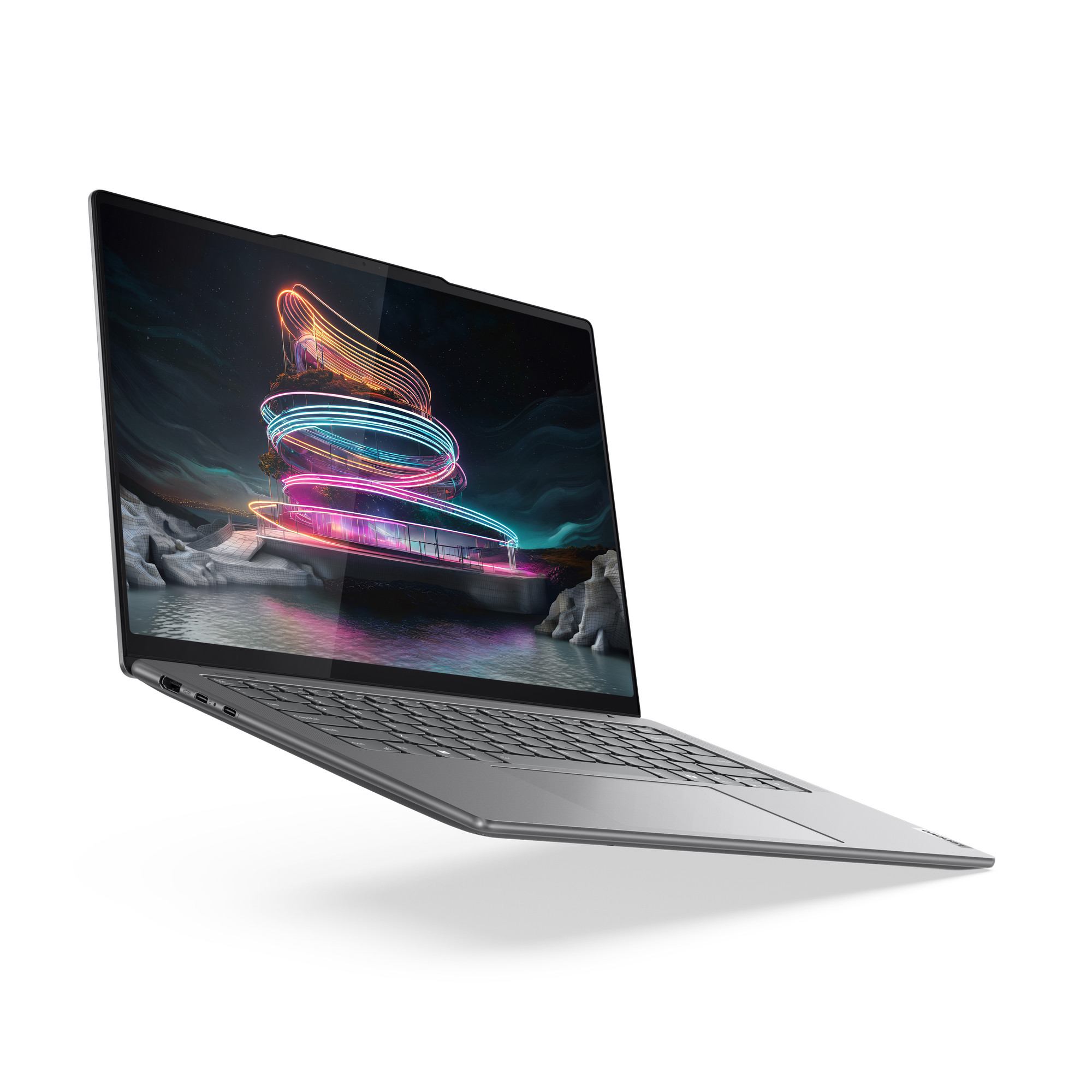 Laptop mit Neon-Display vor weißem Hintergrund. Der Laptop ist grau.