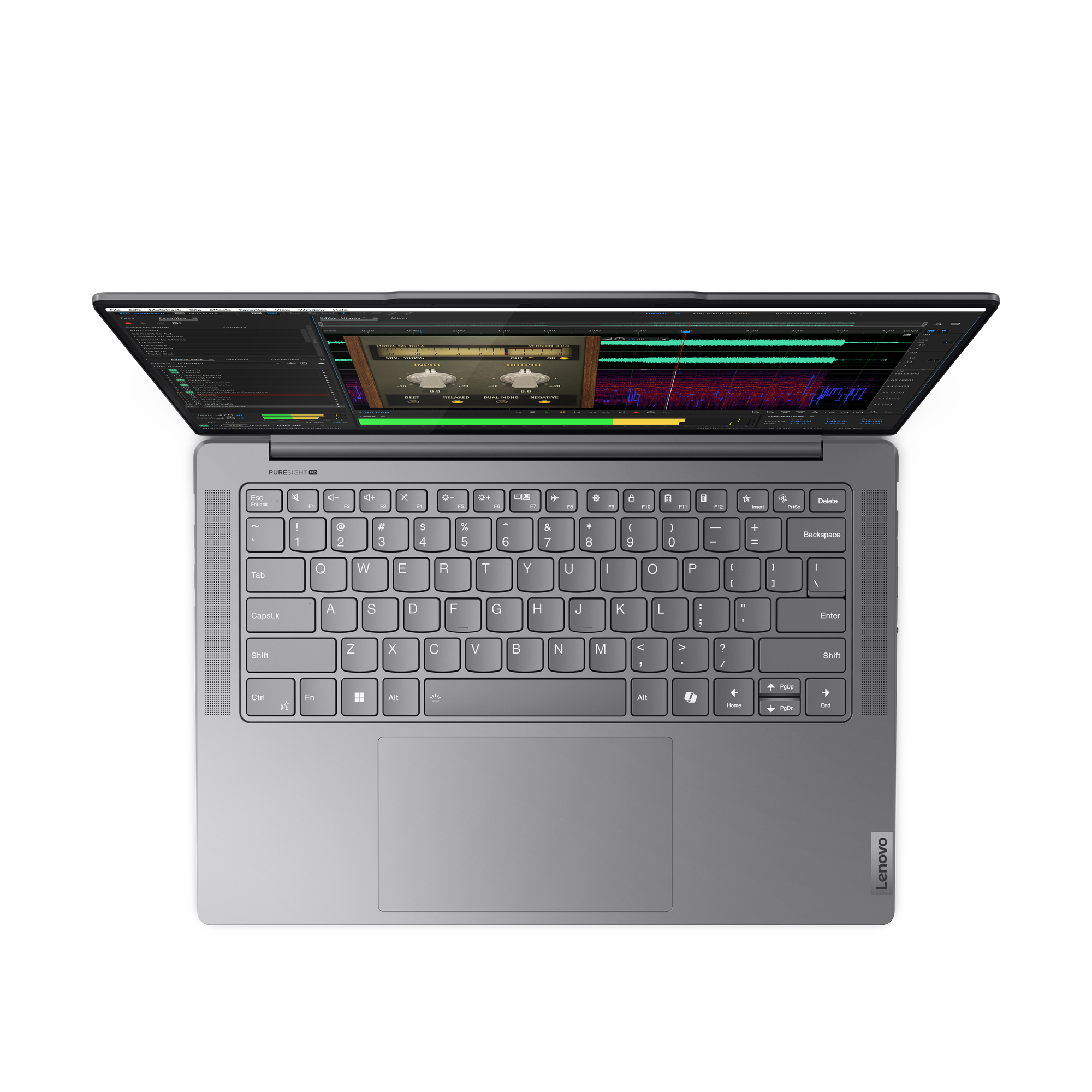 Laptop, Draufsicht, mit Softwareoberfläche. Weißer Hintergrund.