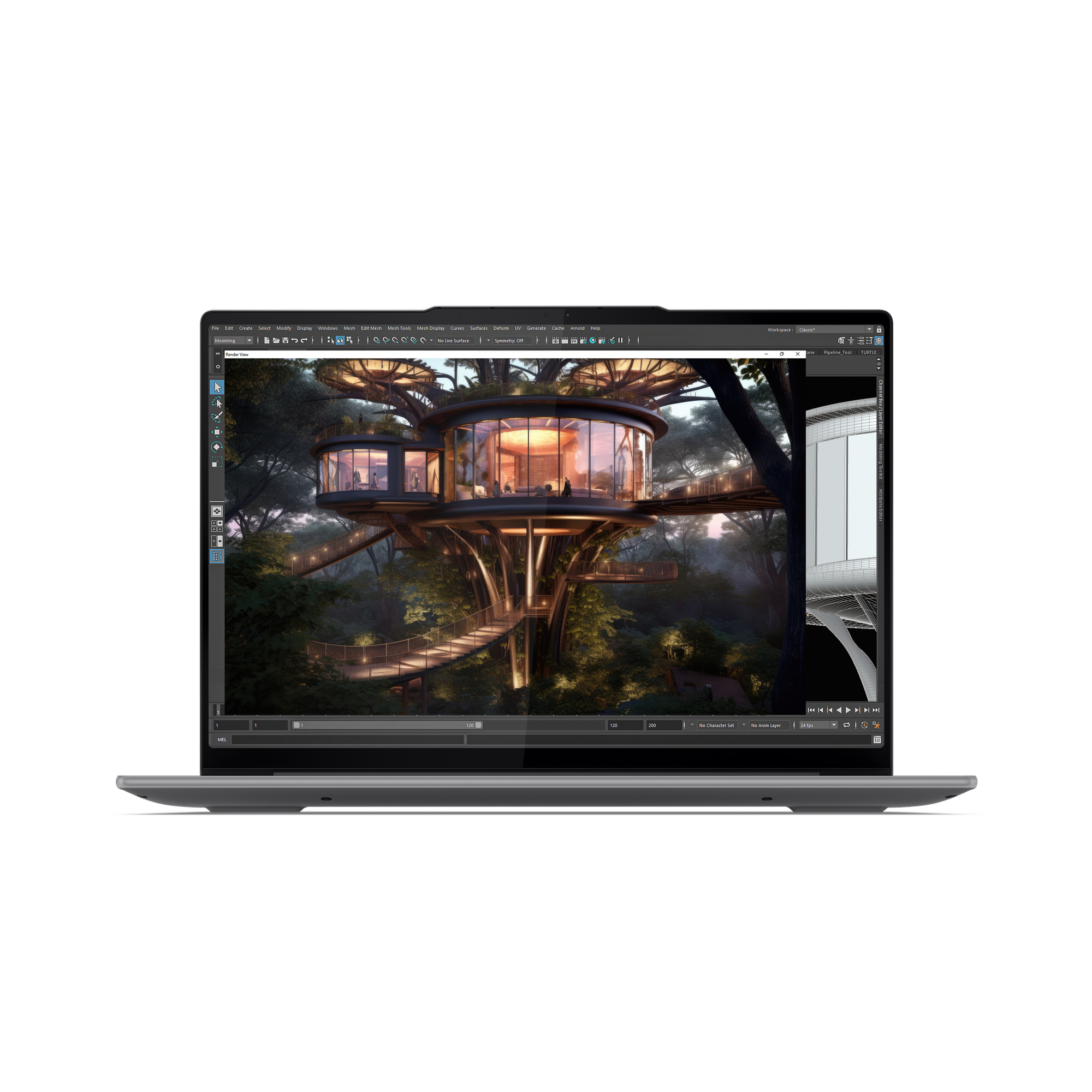 Laptop zeigt ein modernes Baumhaus-Design auf dem Bildschirm, mit Wald im Hintergrund.