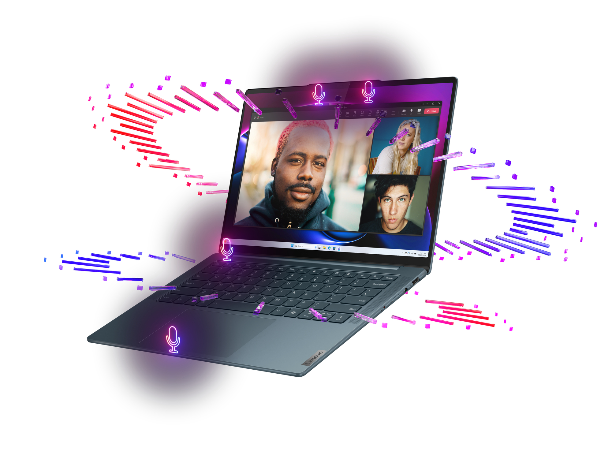 Ein geöffneter Laptop mit einem Videoanruf auf dem Bildschirm. Der Anruf umfasst drei Personen. Schallwellen sind sichtbar.