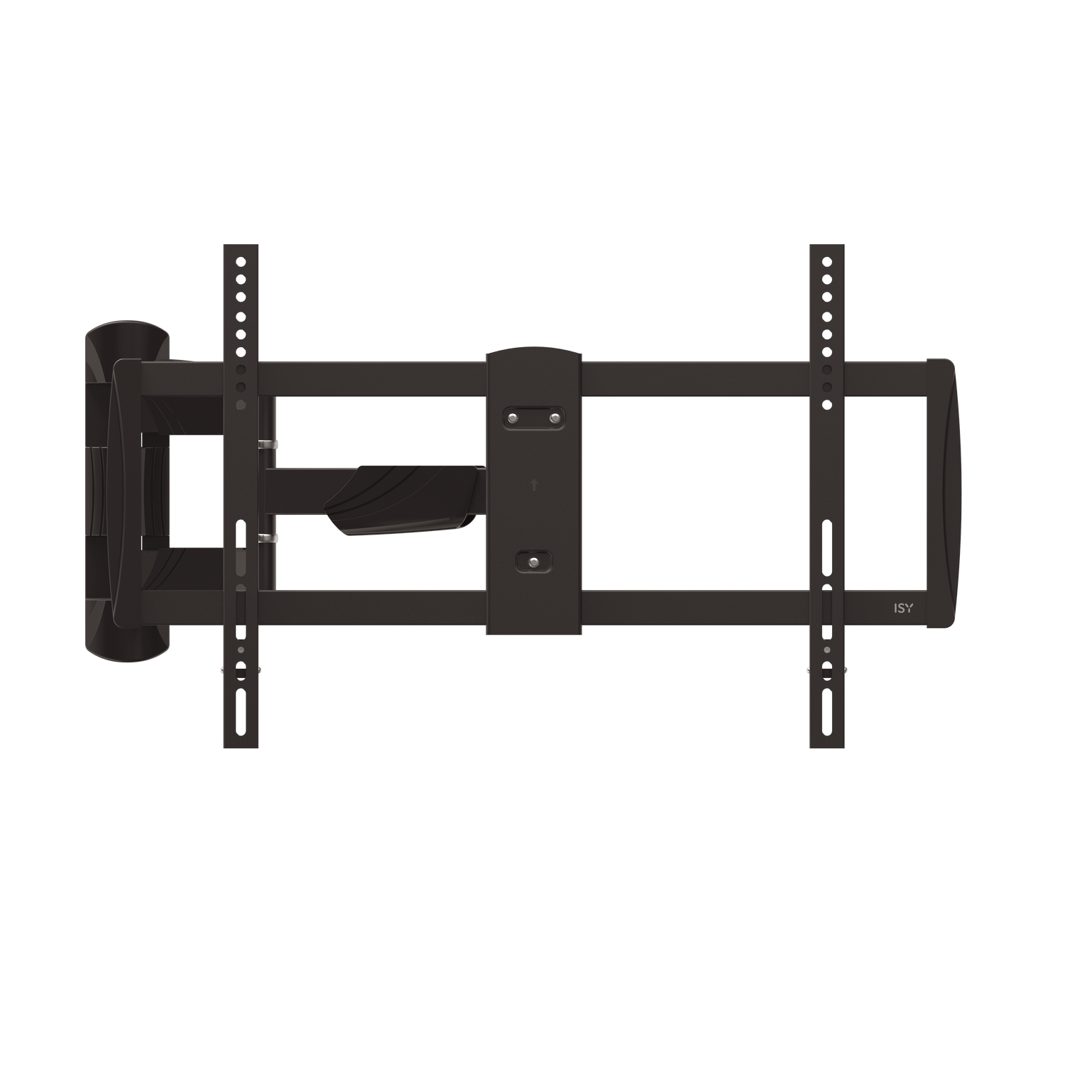 Soporte de pared para TV negro, vista frontal. Tiene múltiples agujeros para ajustar la posición.