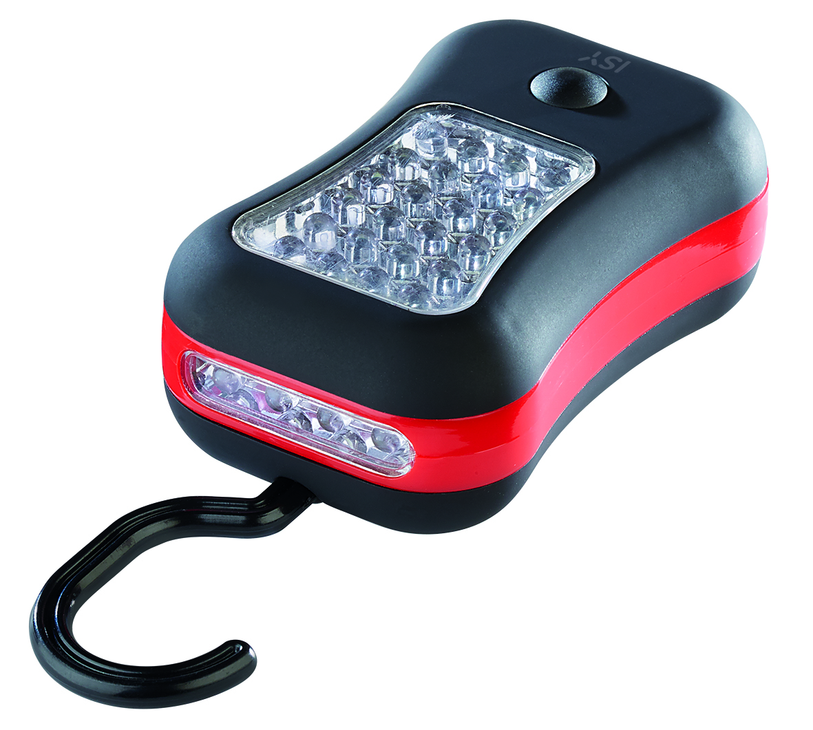Una linterna LED negra y roja con un gancho.