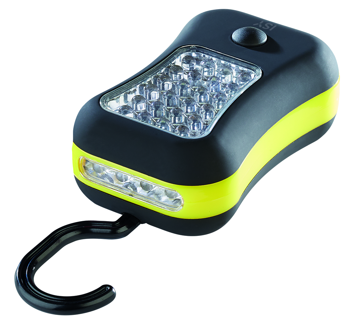 Una luz de trabajo LED negra y amarilla con un gancho, en ángulo sobre un fondo blanco.