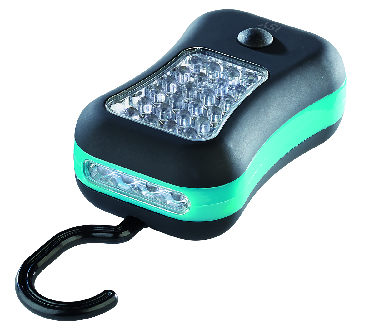 Una luz de trabajo negra y verde azulado con un gancho y muchos LED.