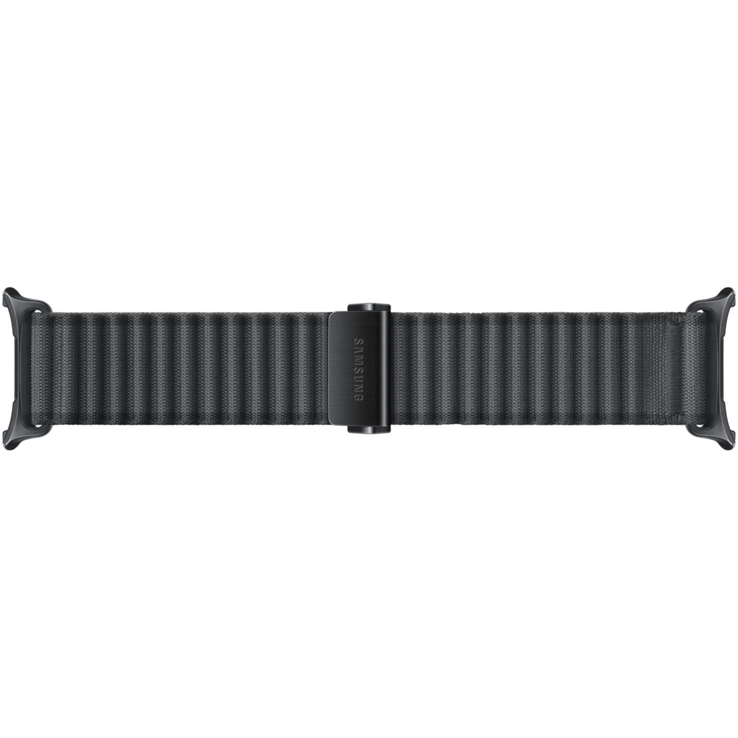 Een zwarte horlogeband met een magnetische sluiting, het woord SAMSUNG staat op de sluiting.