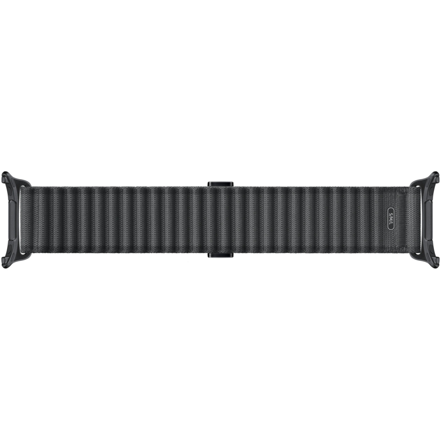 Een zwarte en grijze Apple Watch band met een magnetische sluiting.