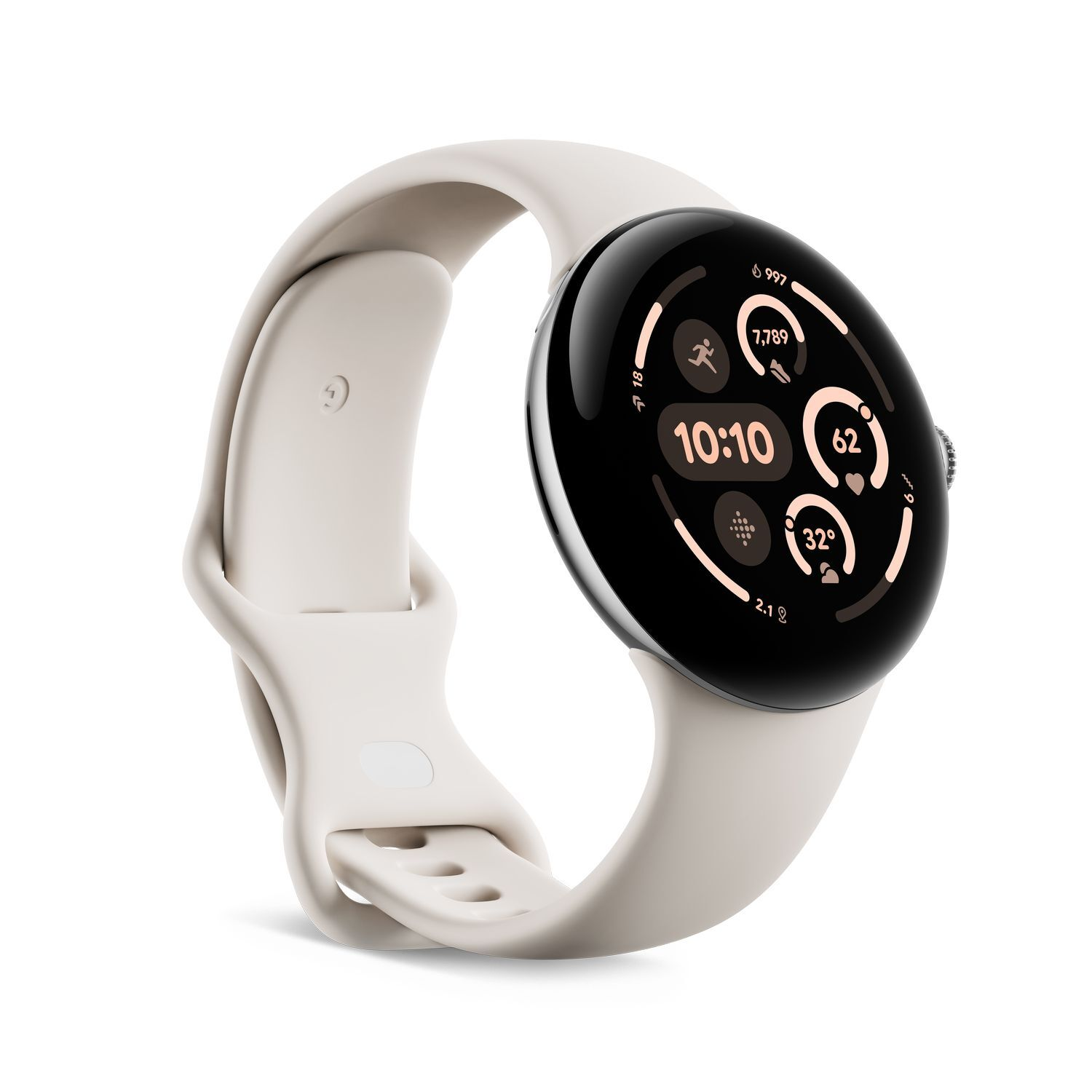 A white smartwatch with a black screen and a white band.