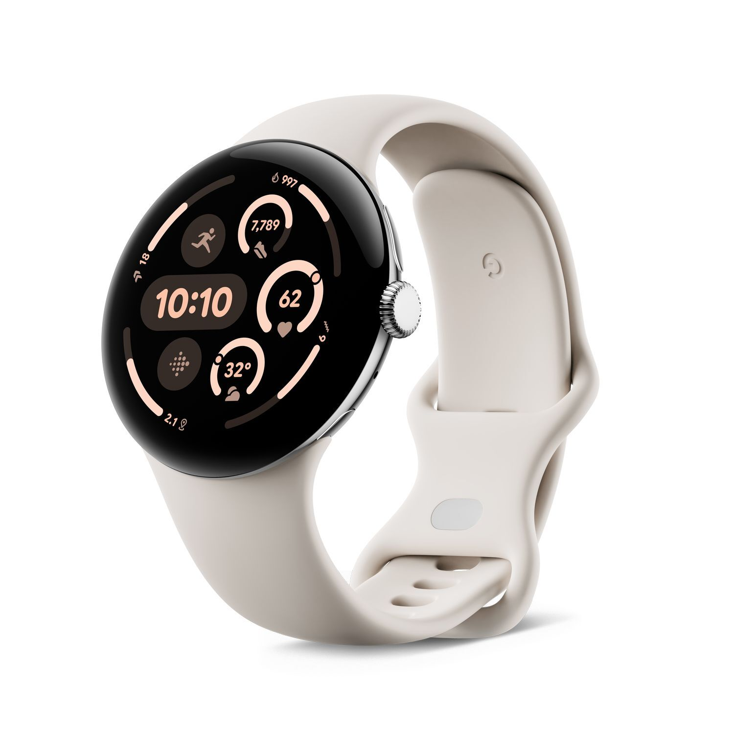 Cream-colored Google Pixel smartwatch with a black display showing various metrics and a strap.
