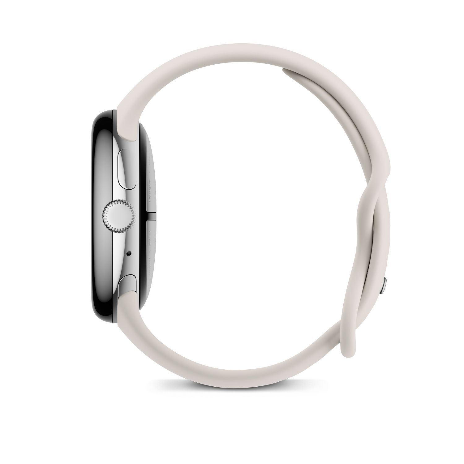 A side view of a silver smartwatch with a white band.