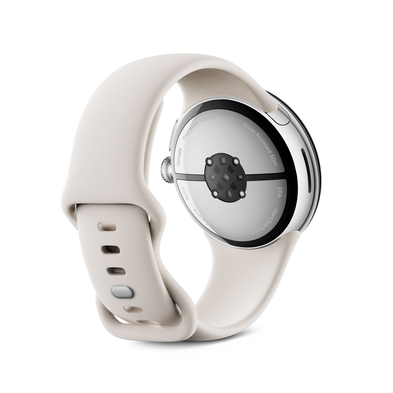 A white Pixel Watch with a light beige band, back showing sensors and branding, on a white surface.