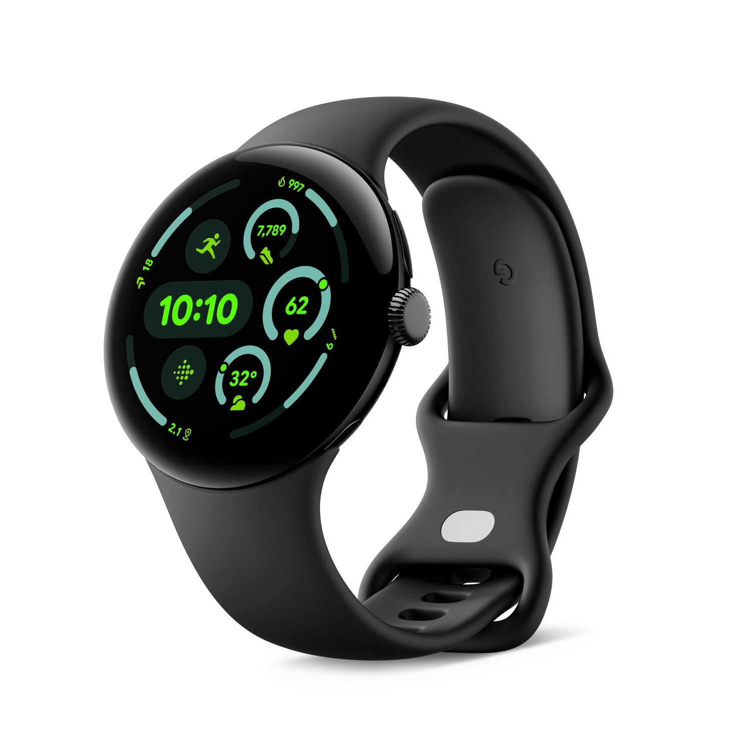 Black smartwatch with a circular display showing time, activity and health metrics.