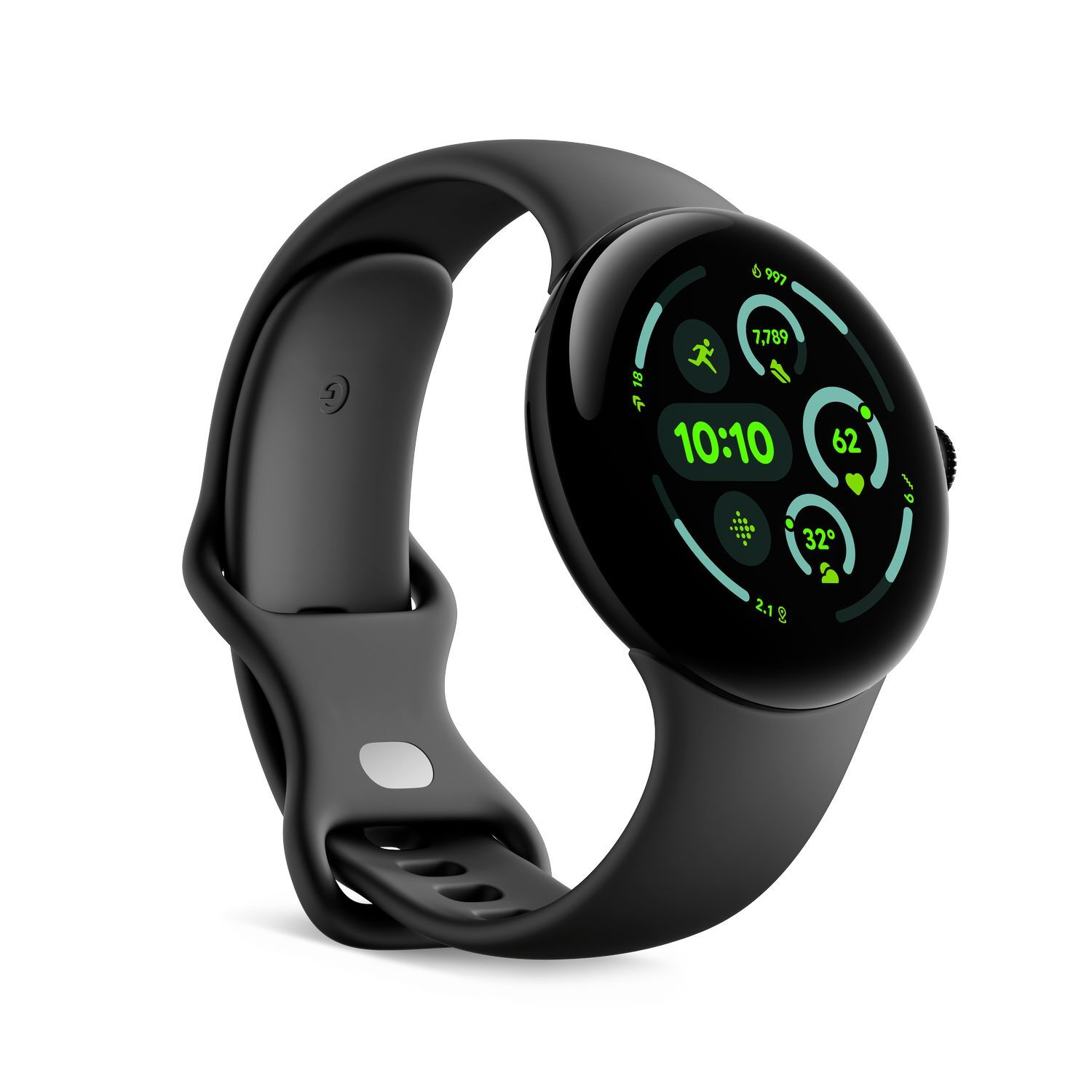 A black smartwatch with a curved design, displaying data on the screen. The band is also black.