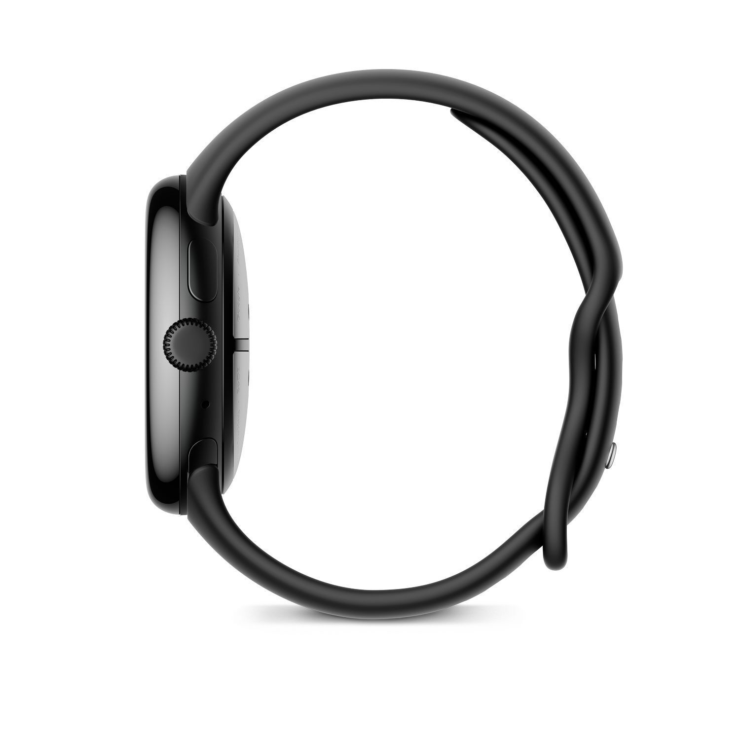 A side view of a black smartwatch with a black band, showing the side controls.