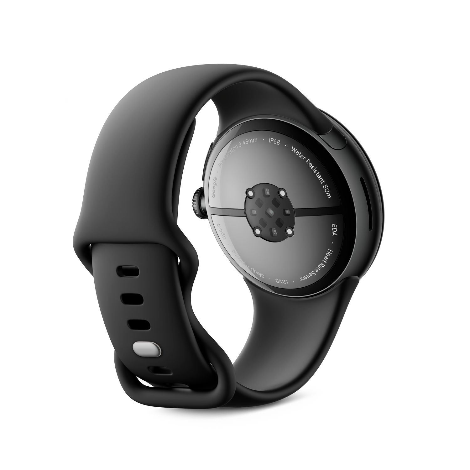 Black smartwatch with a black band, back shows sensors and text, on white background. The band has a clasp.