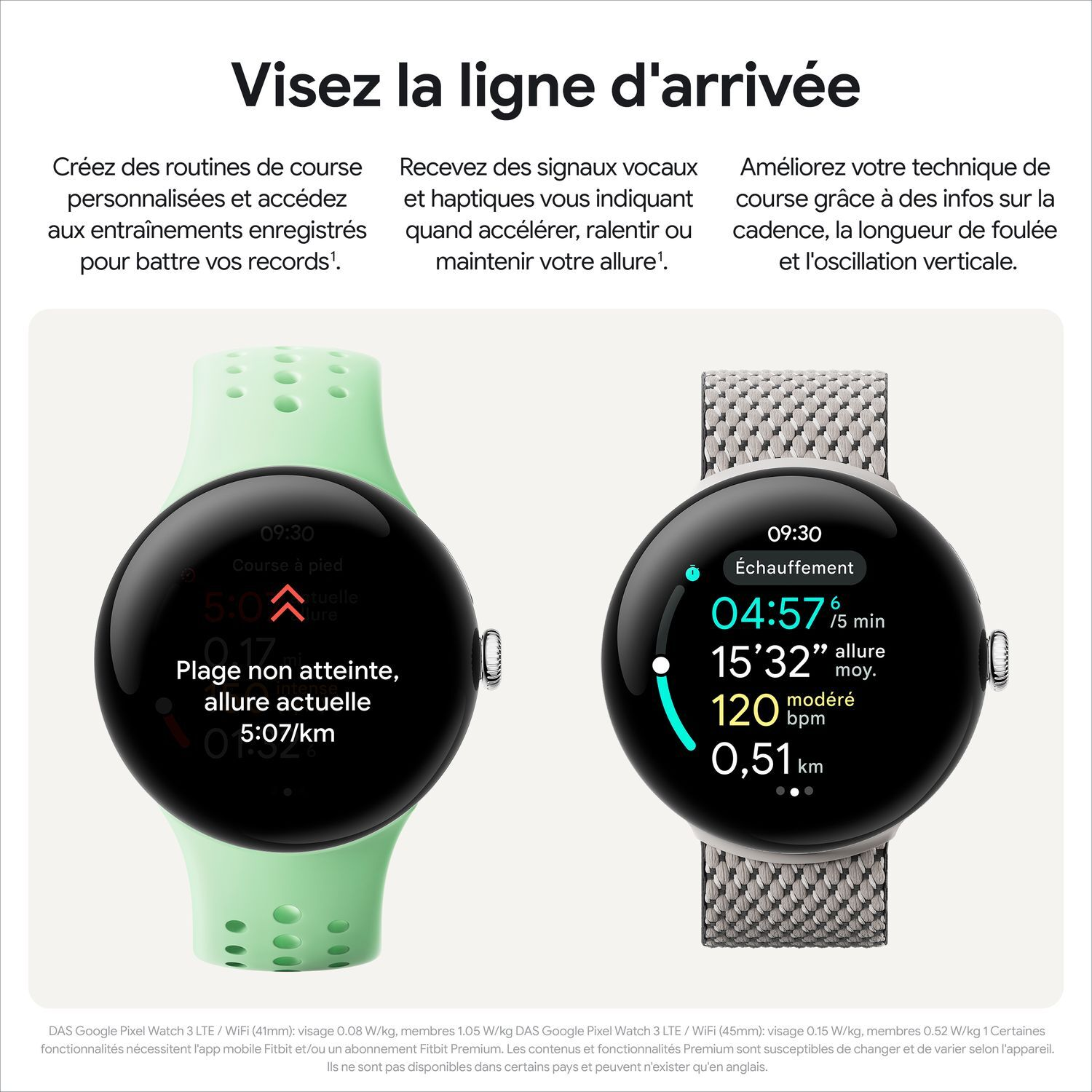 Deux montres connectées avec texte sur les données de course. Bracelets vert menthe et argentés. Texte en français.