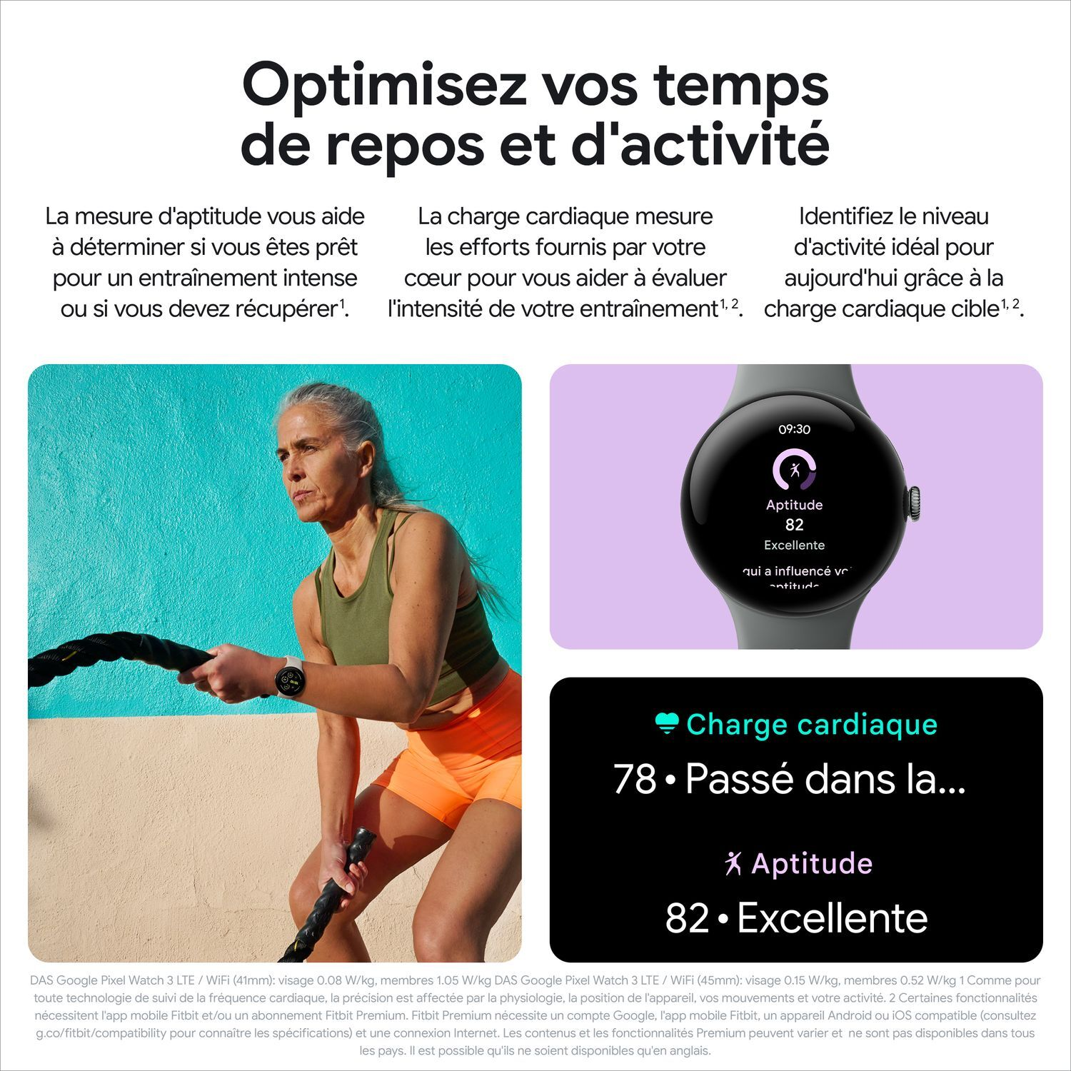 Femme faisant de l'exercice avec des cordes, une smartwatch affiche des données de fitness. Texte sur l'activité.