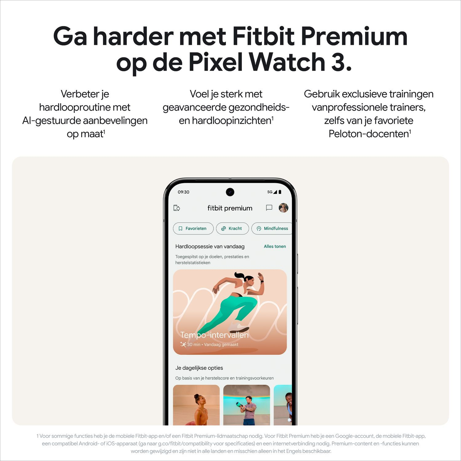 Fitbit Premium ad with phone showing app. Text in Dutch. White background.