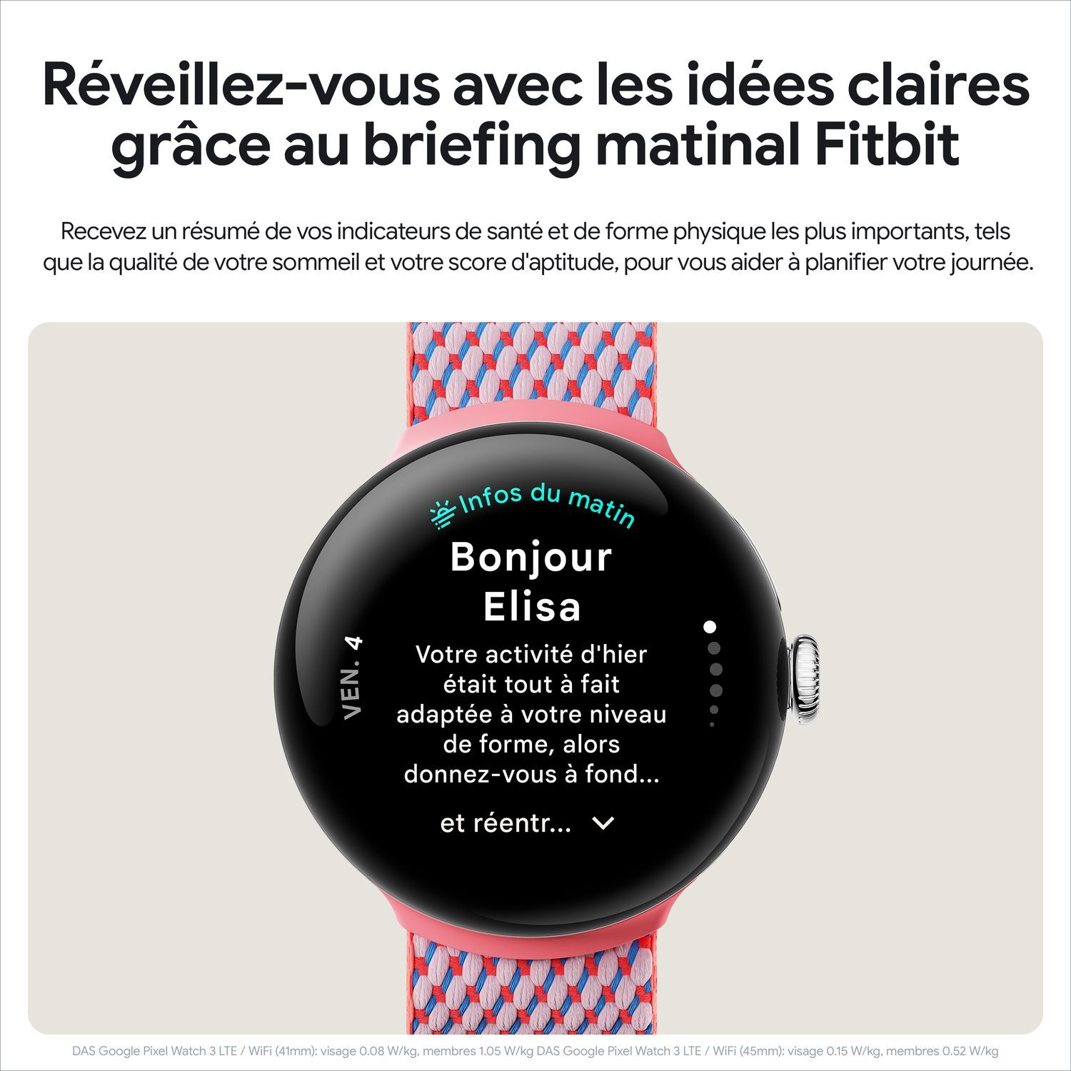Une montre intelligente Fitbit affichant un résumé des mesures de santé. Texte en français.