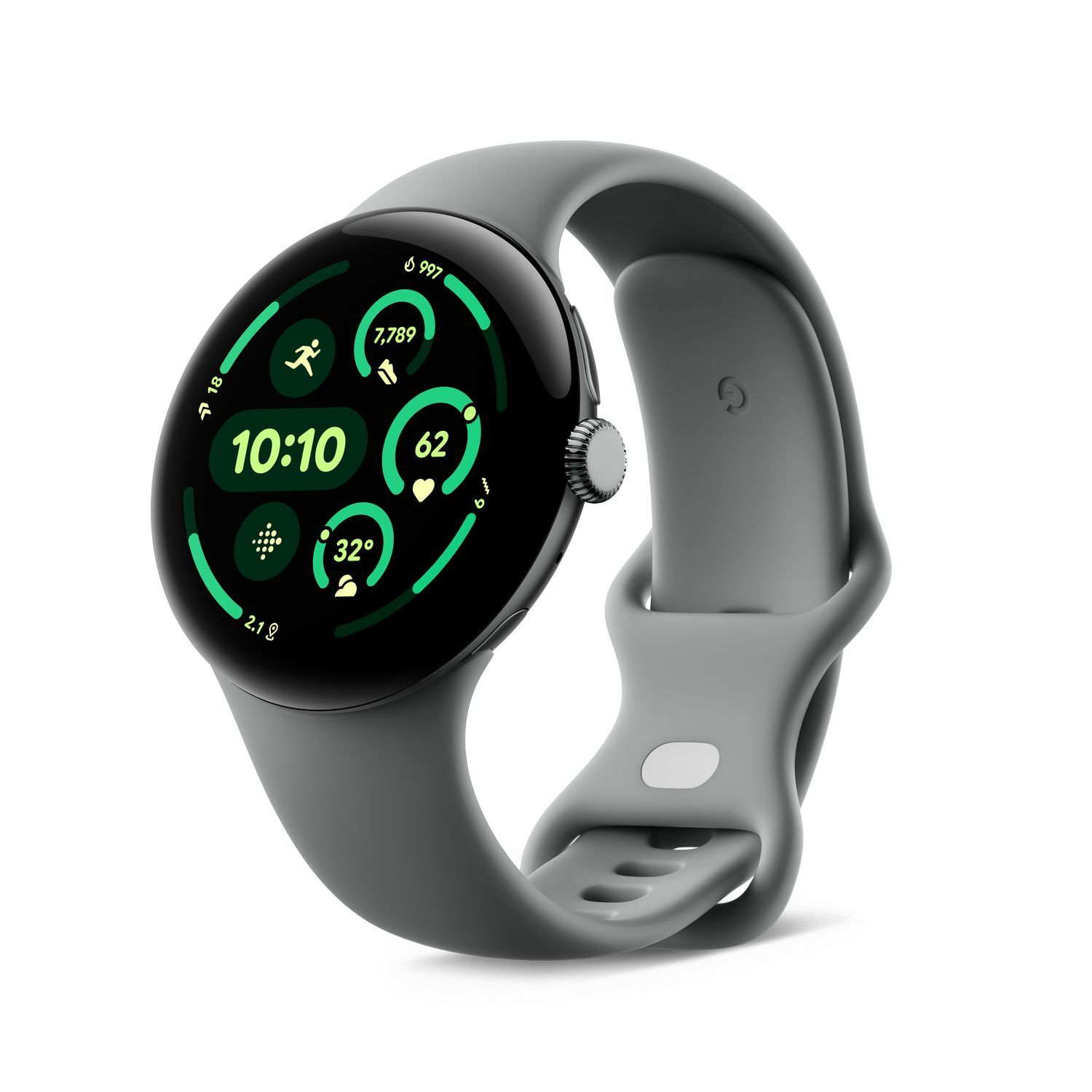A gray smartwatch displaying activity data and the time.