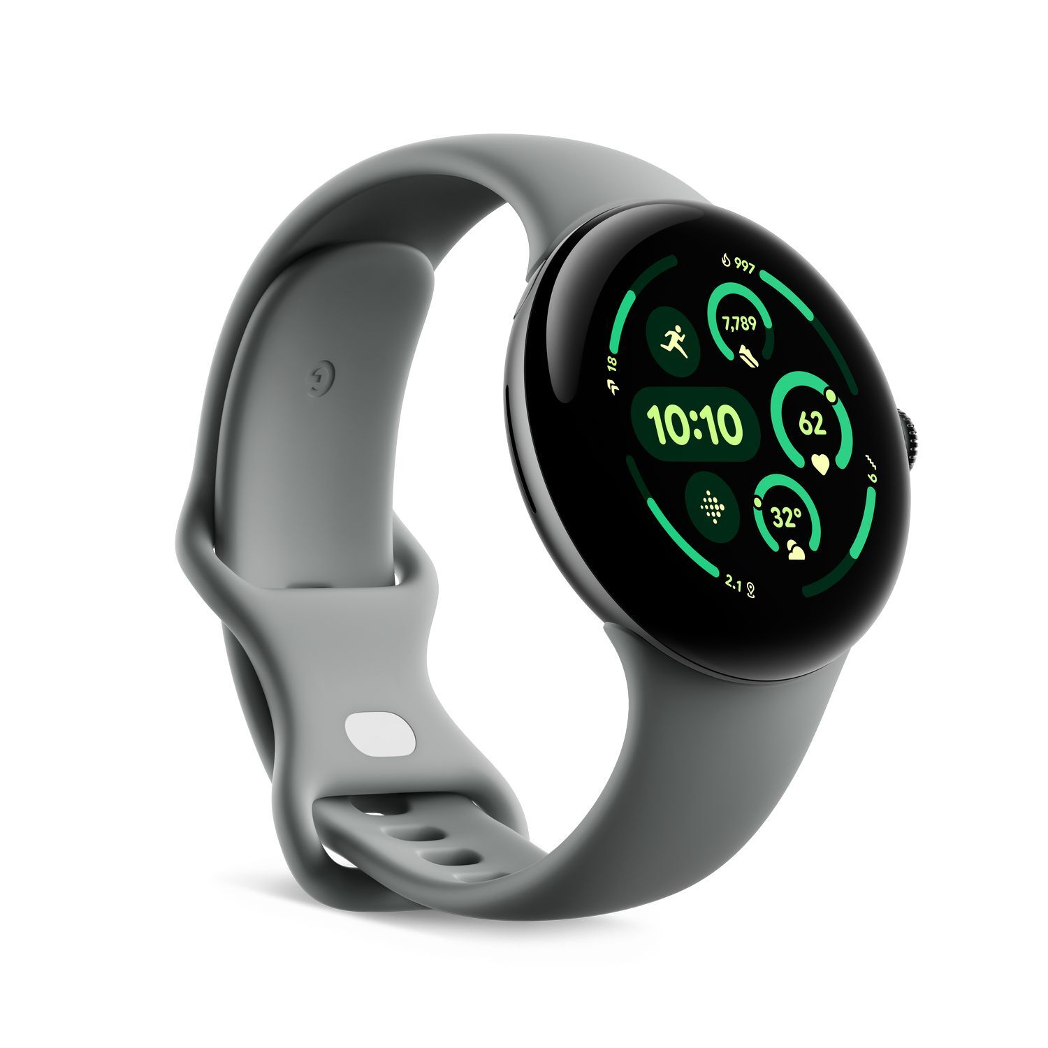 Gray Google Pixel Watch. The display shows time, activity, and heart rate metrics. Gray strap.