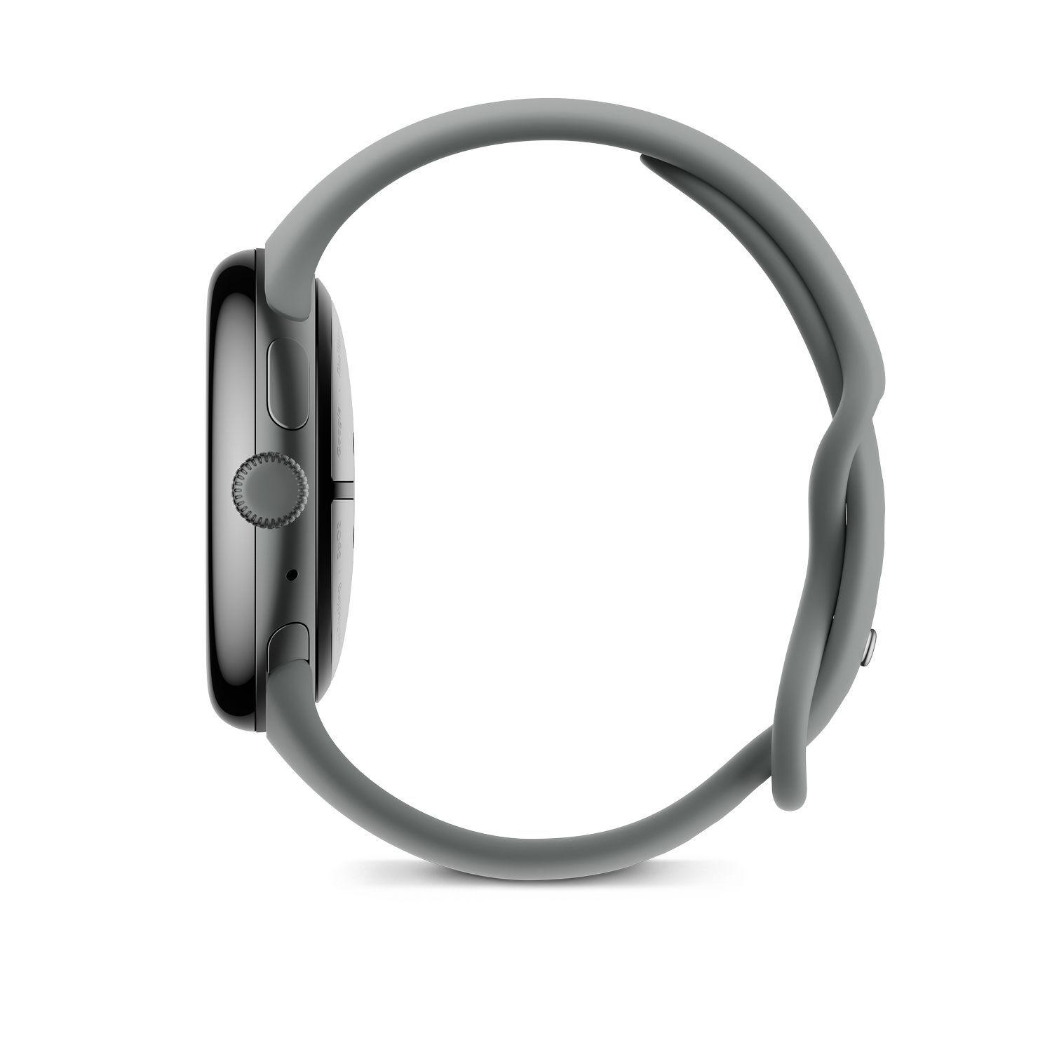 A side view of a gray smartwatch with a gray band.