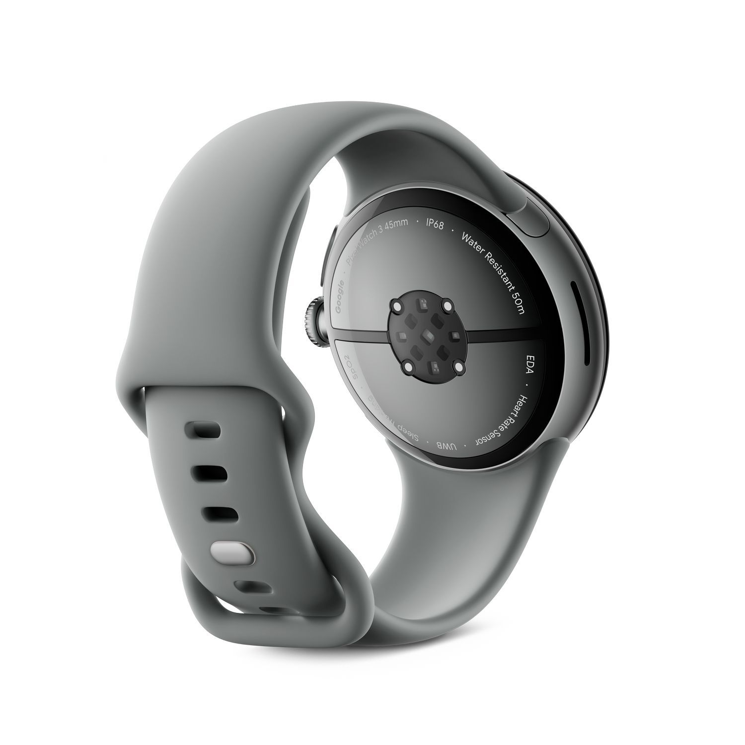 Gray smartwatch with a gray band, back facing up, with a circular black screen.
