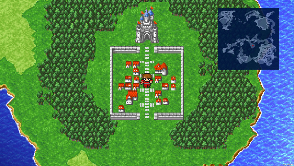 Vogelperspectief van een pixelkaart met een stad omringd door bomen en water.