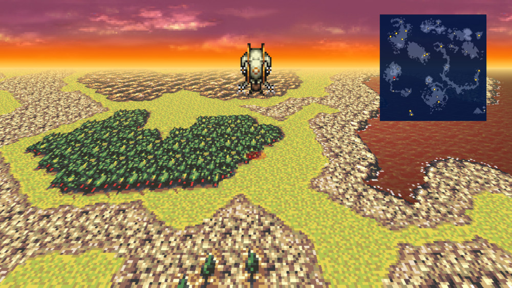 Een gepixelde landschap met een figuur en een kaart rechts. De lucht is zonsondergangkleurig.
