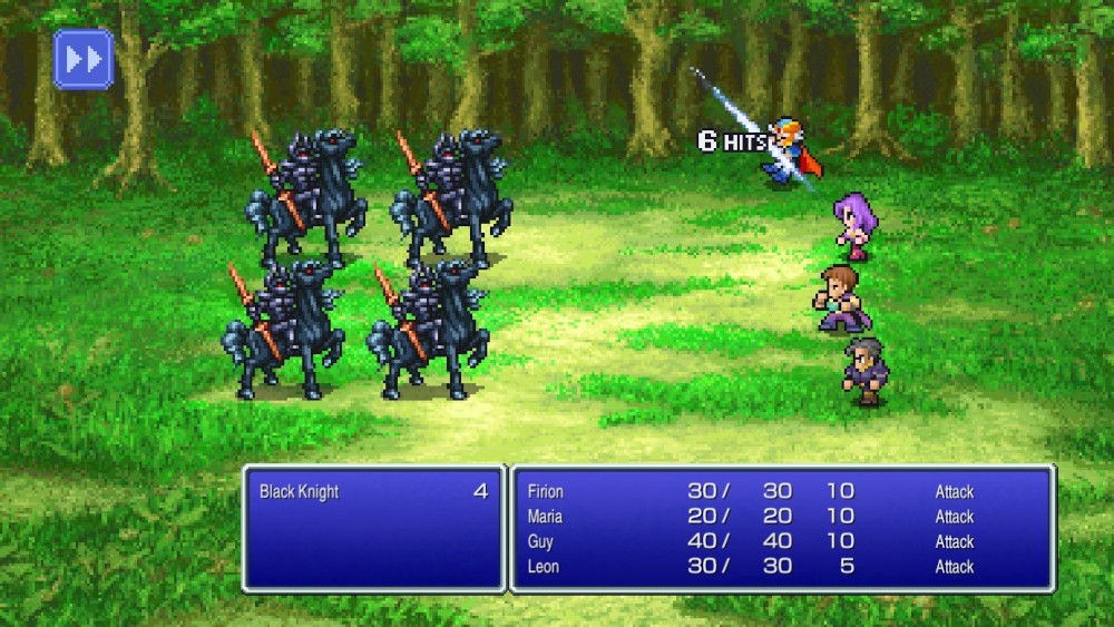 8-bit RPG-scène. Ridders te paard versus helden in een bos. Gezondheids- en aanvalsstatistieken.