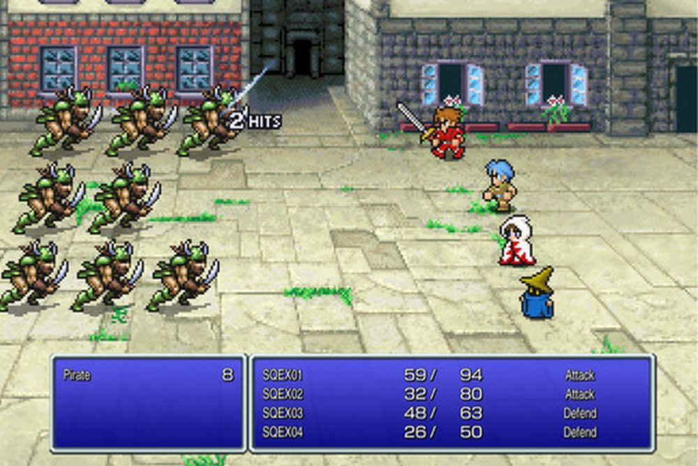 Pixelige Final Fantasy game scène met karakters in gevecht.