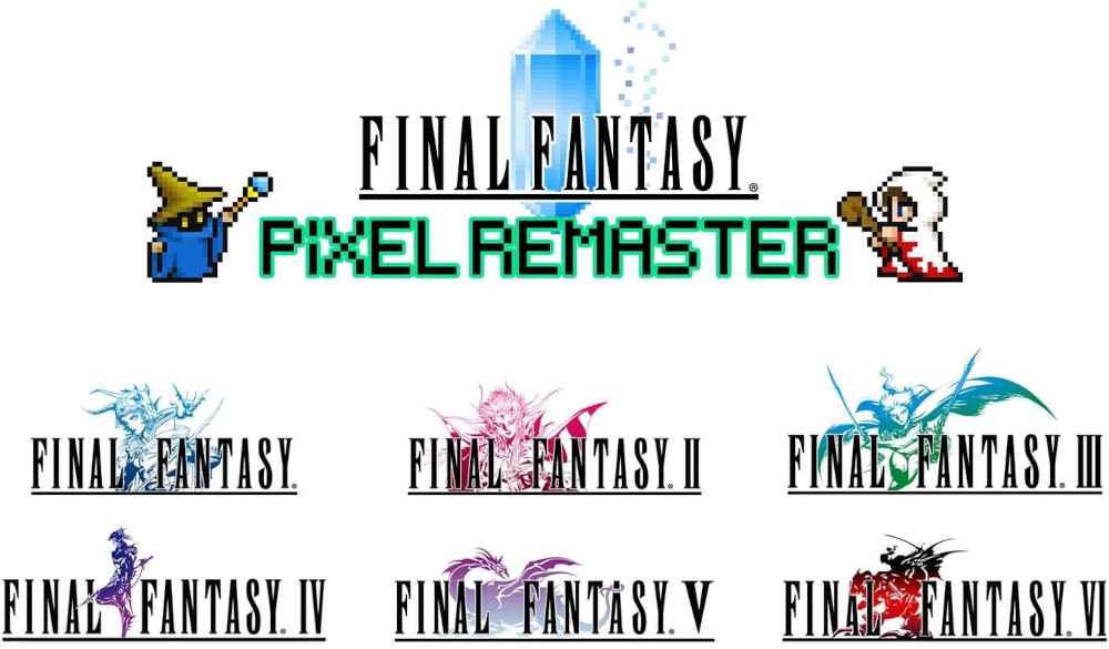 Final Fantasy Pixel Remaster logo met zes game logo's eronder. Personages boven het logo.