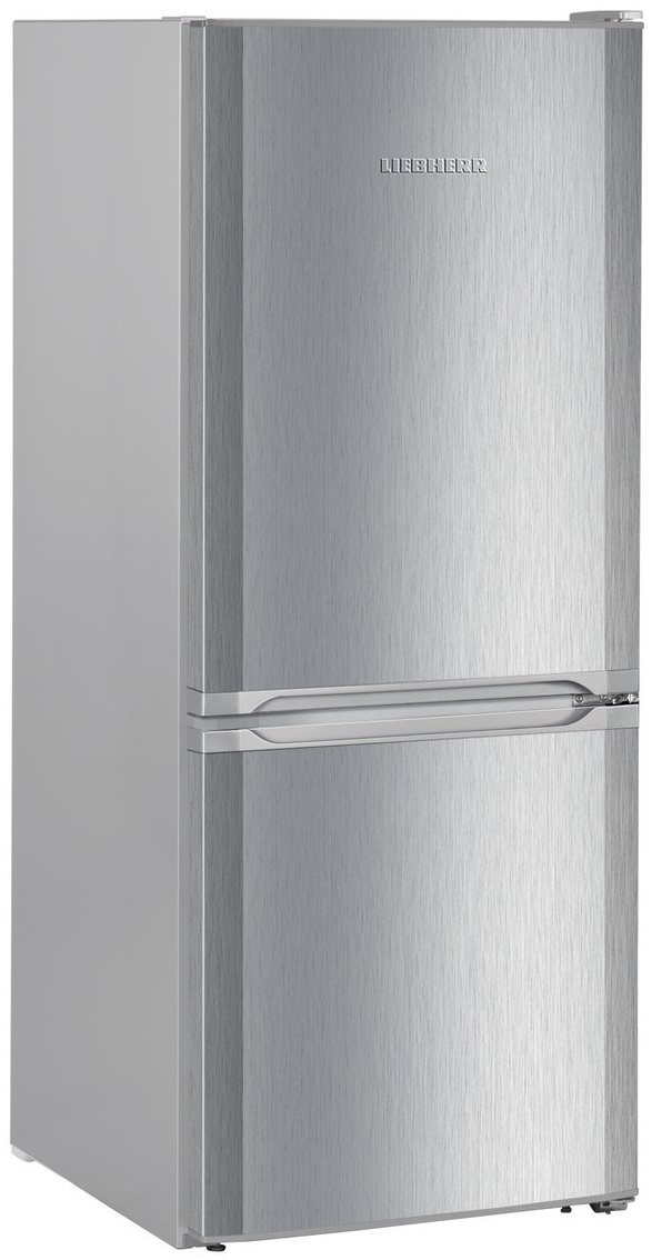 Srebrna lodówka Liebherr, wysoka i smukła, z dwoma drzwiami.