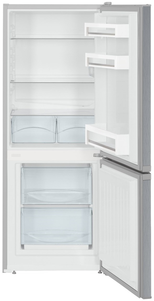 Otwarta, srebrna lodówka z półkami i szufladami.