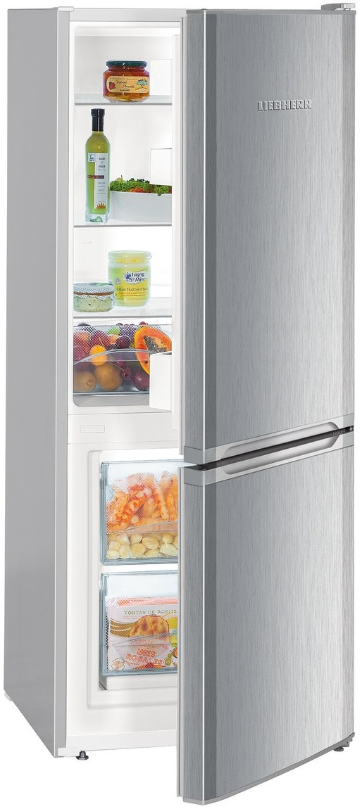 Lodówka ze stali nierdzewnej z otwartymi drzwiami, odsłaniająca półki z żywnością.