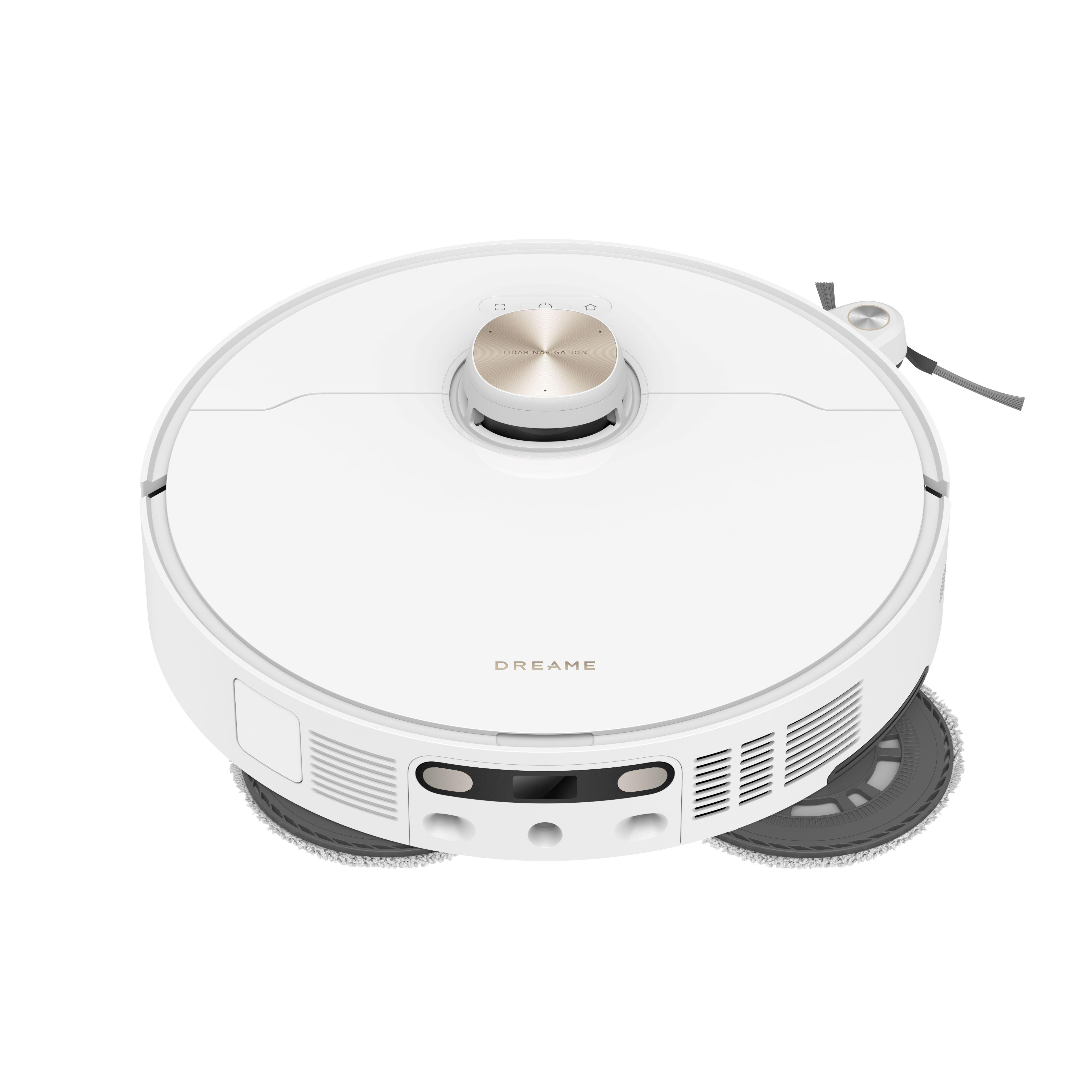 Ein weißer Roboter-Staubsauger, Seitenansicht.