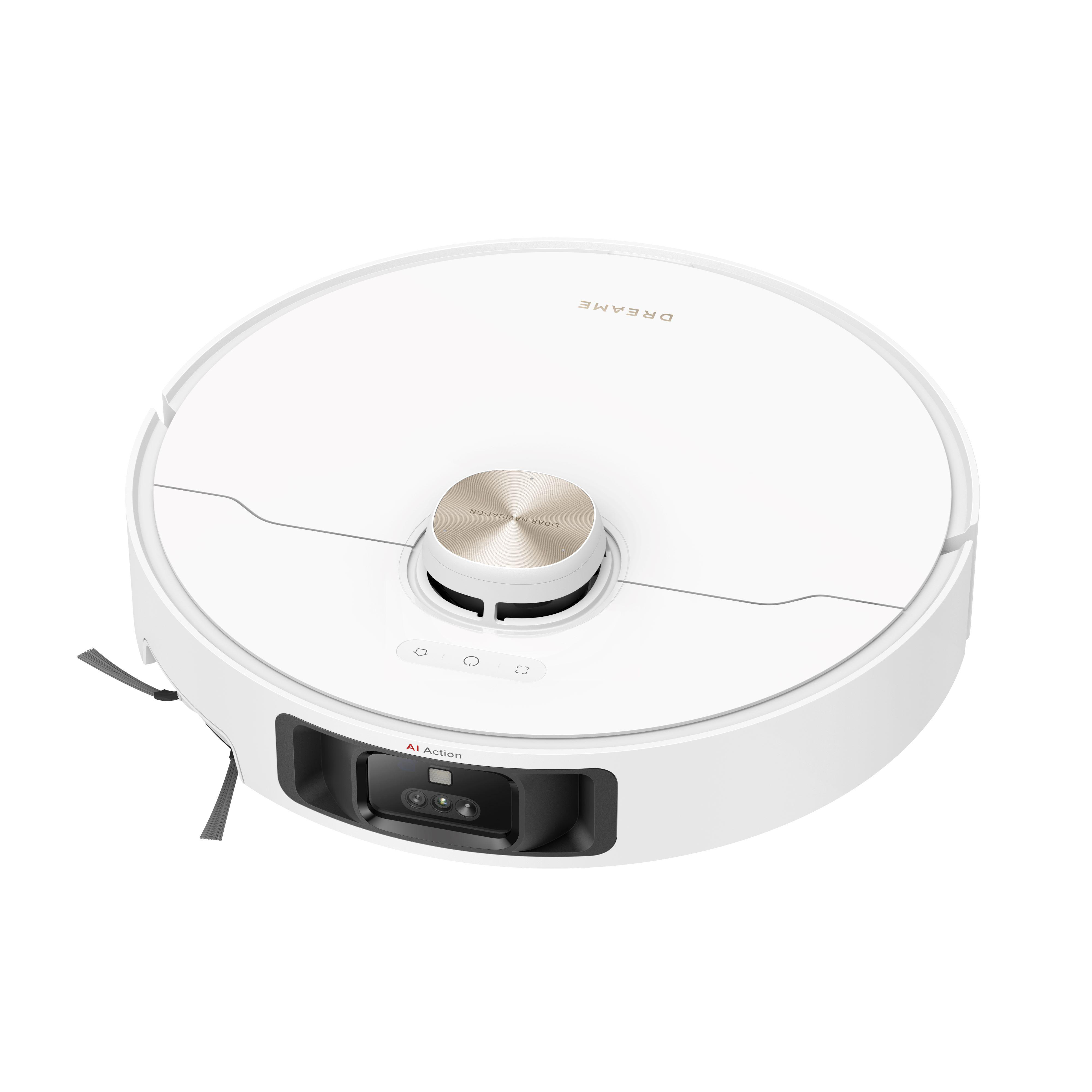Weißer Roboter-Staubsauger, KI-Aktionskamera.