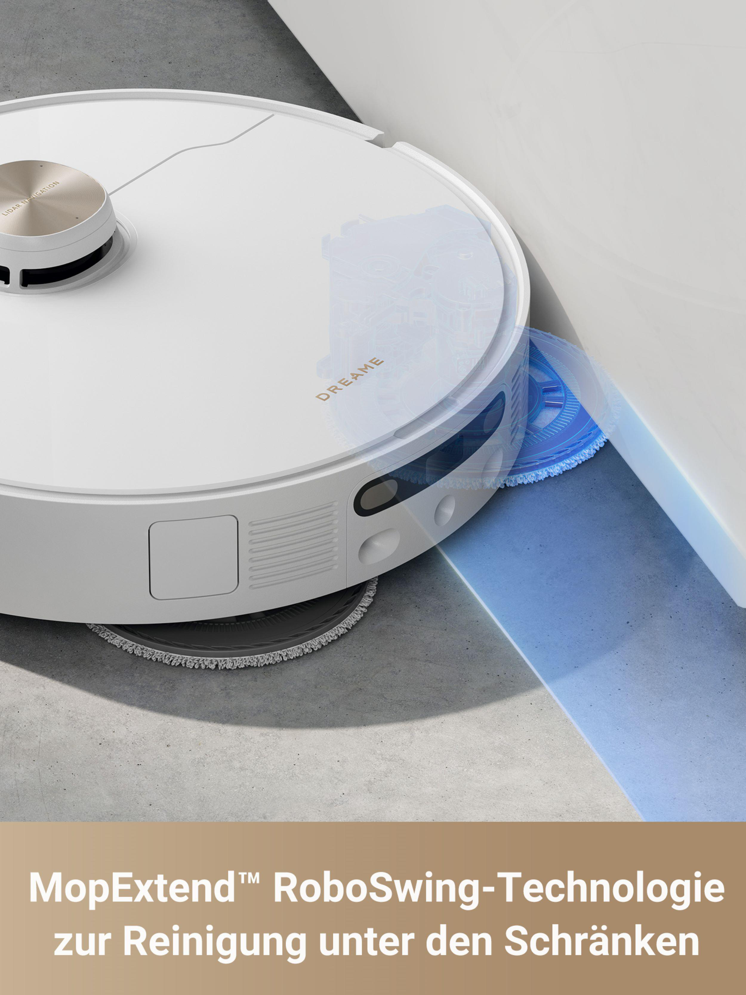 Roboter-Staubsauger reinigt unter einem Schrank mit einem blauen Reinigungspad.