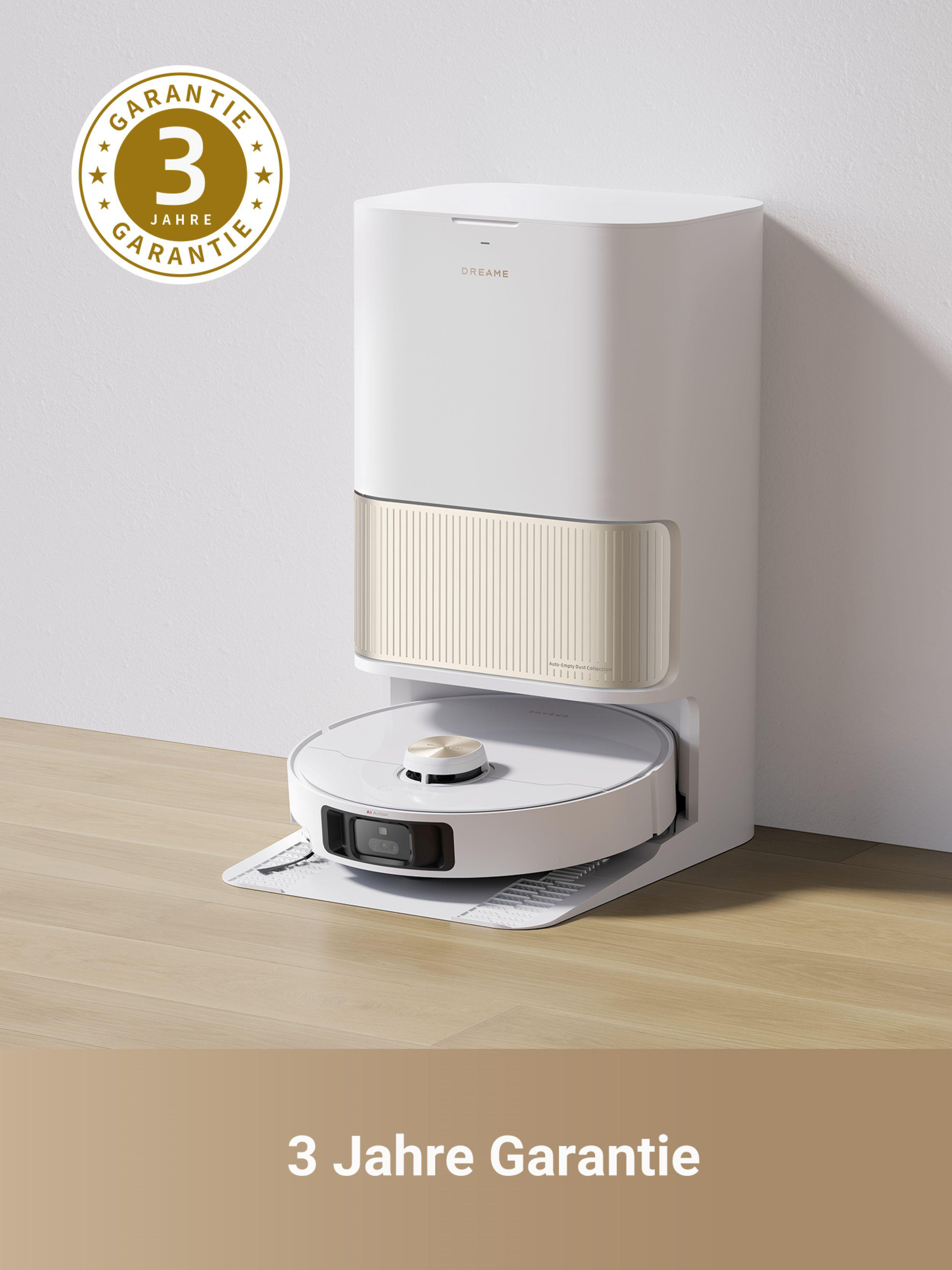 Ein weißer Dreame Roboter-Staubsauger mit Ladestation und 3 Jahren Garantie.