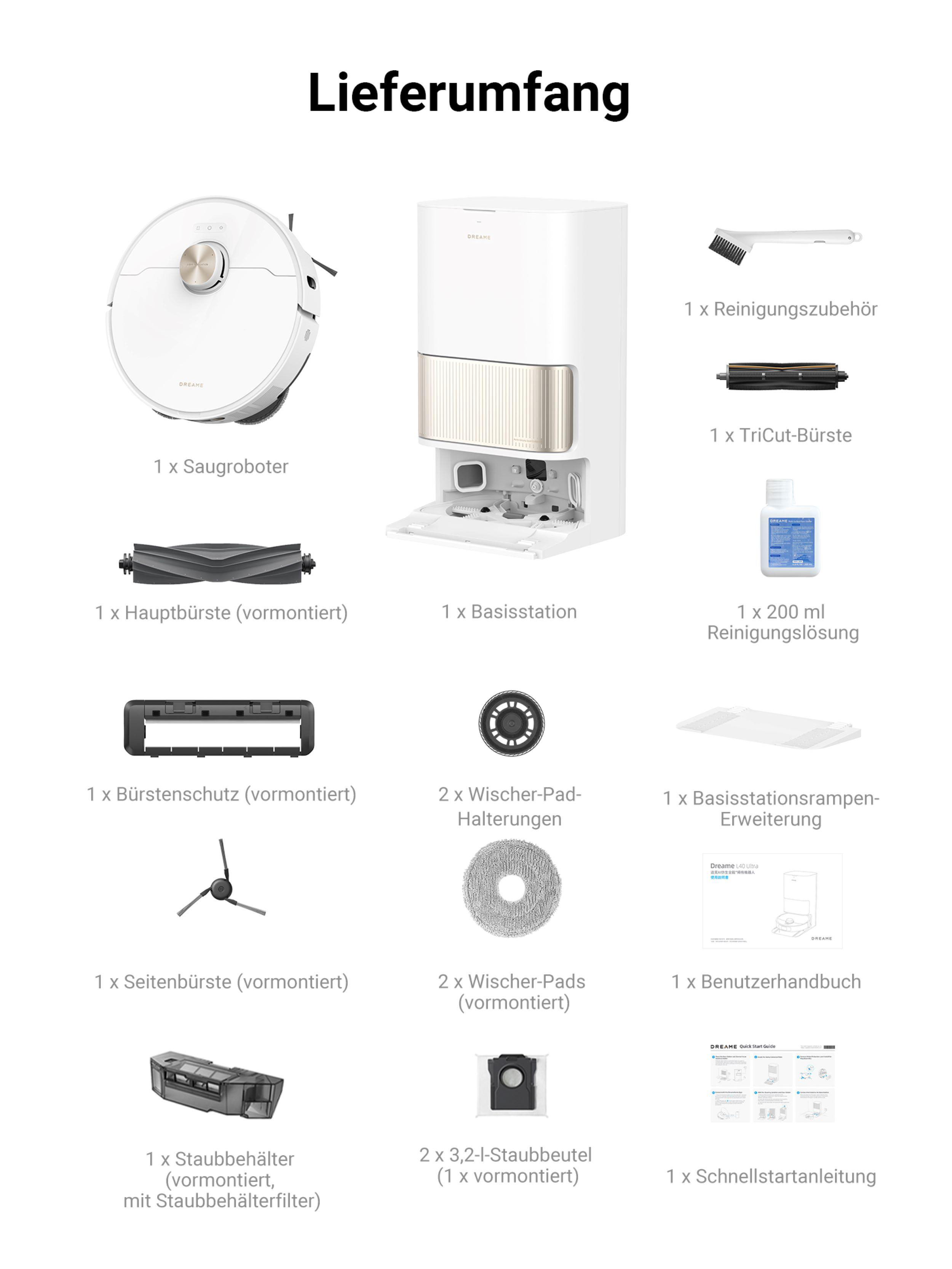 Diagramm, das den Dreame Roboter-Staubsauger und sein Zubehör zeigt.