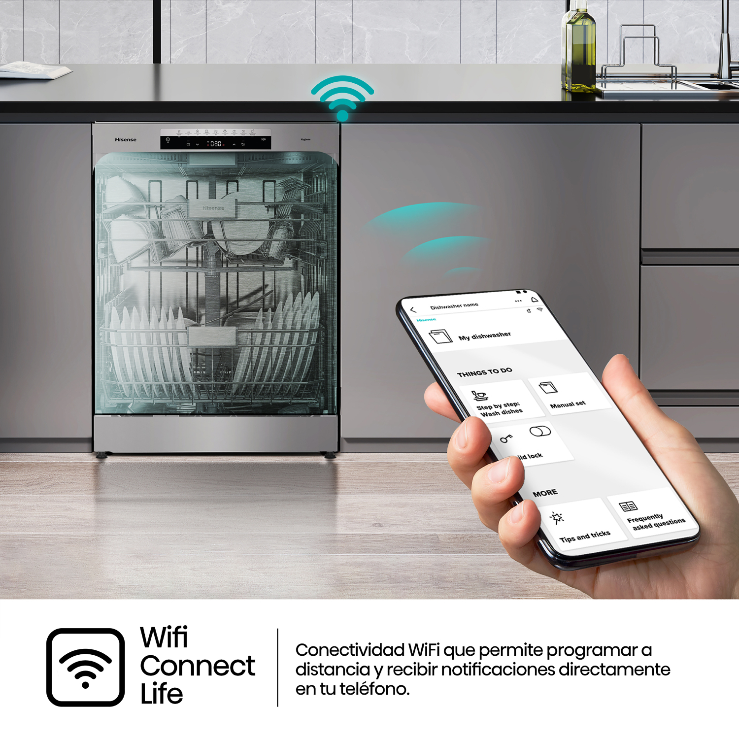 Un lavavajillas con un smartphone que muestra una aplicación conectada, con un icono de WiFi.