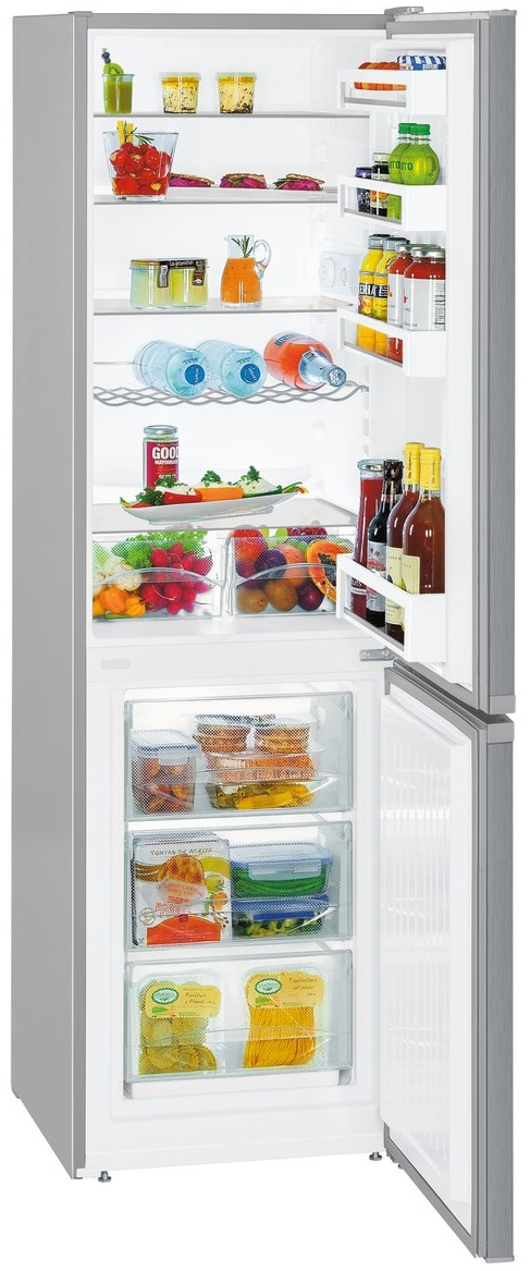 Otwarta lodówka, wypełniona jedzeniem i napojami. Srebrny wygląd, białe wnętrze.