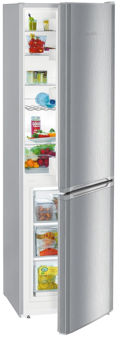 Srebrna lodówka Liebherr z otwartymi drzwiami, pokazująca półki z żywnością i szuflady.