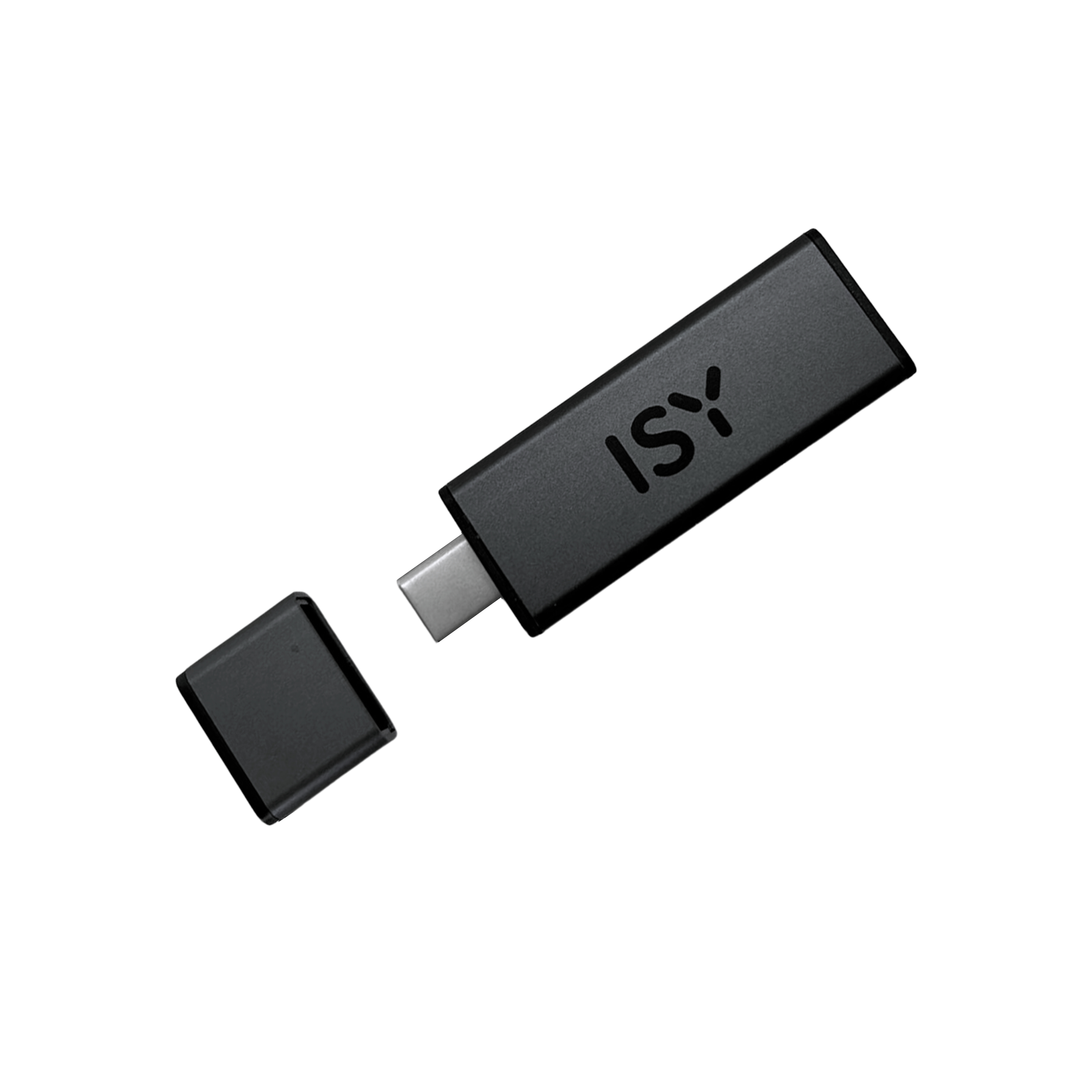 Schwarzer ISY USB-C Adapter mit abgenommener Kappe auf weißer Oberfläche.