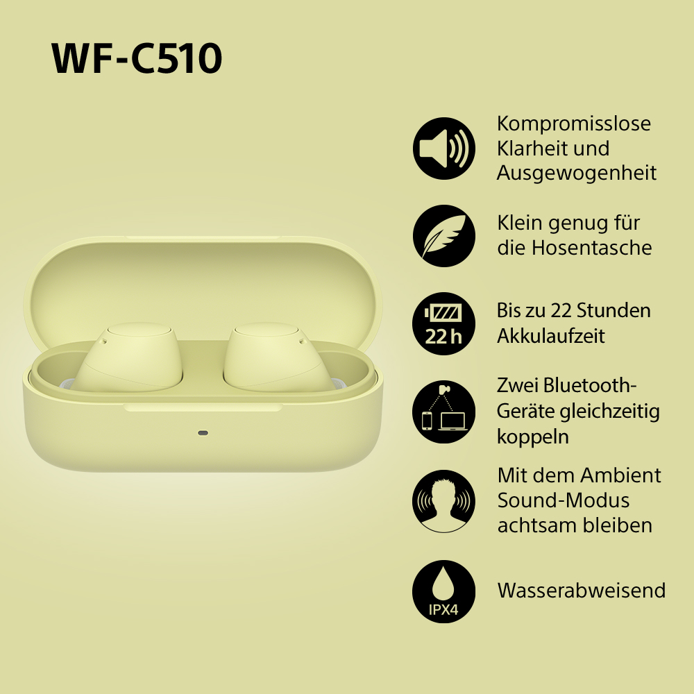 Paar gelbe kabellose Ohrhörer und Ladecase. Enthält Symbole für Funktionen wie Akkulaufzeit und Wasserfestigkeit.