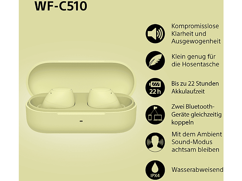 Sony WF-C510 - hohe Soundqualität, Schnellladefunktion, 22h Akkulaufzeit, Bluetooth Multipoint Connection, Ambient Sound-Modus, Spotify Tap, IPX4 - Gelb; True Wireless Kopfhörer — Foto 2 von 5