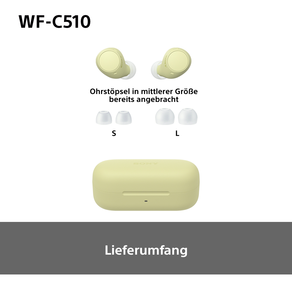 Gelbe Ohrhörer und Ladecase. Text: Ohrstöpsel in mittlerer Größe bereits angebracht.